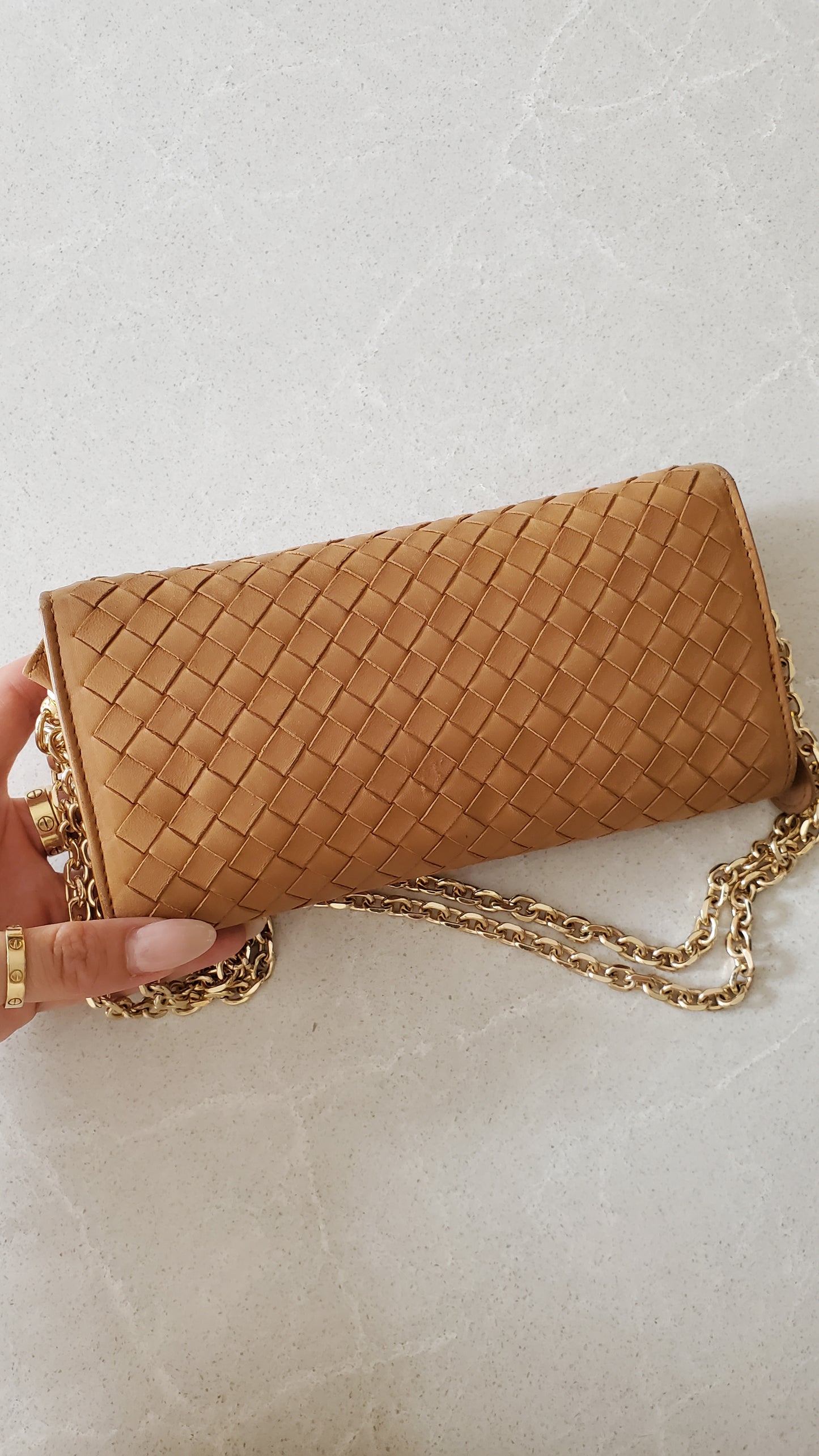 Authentic Bottega Veneta Upcycle Long Tan Leather Wallet on Chains