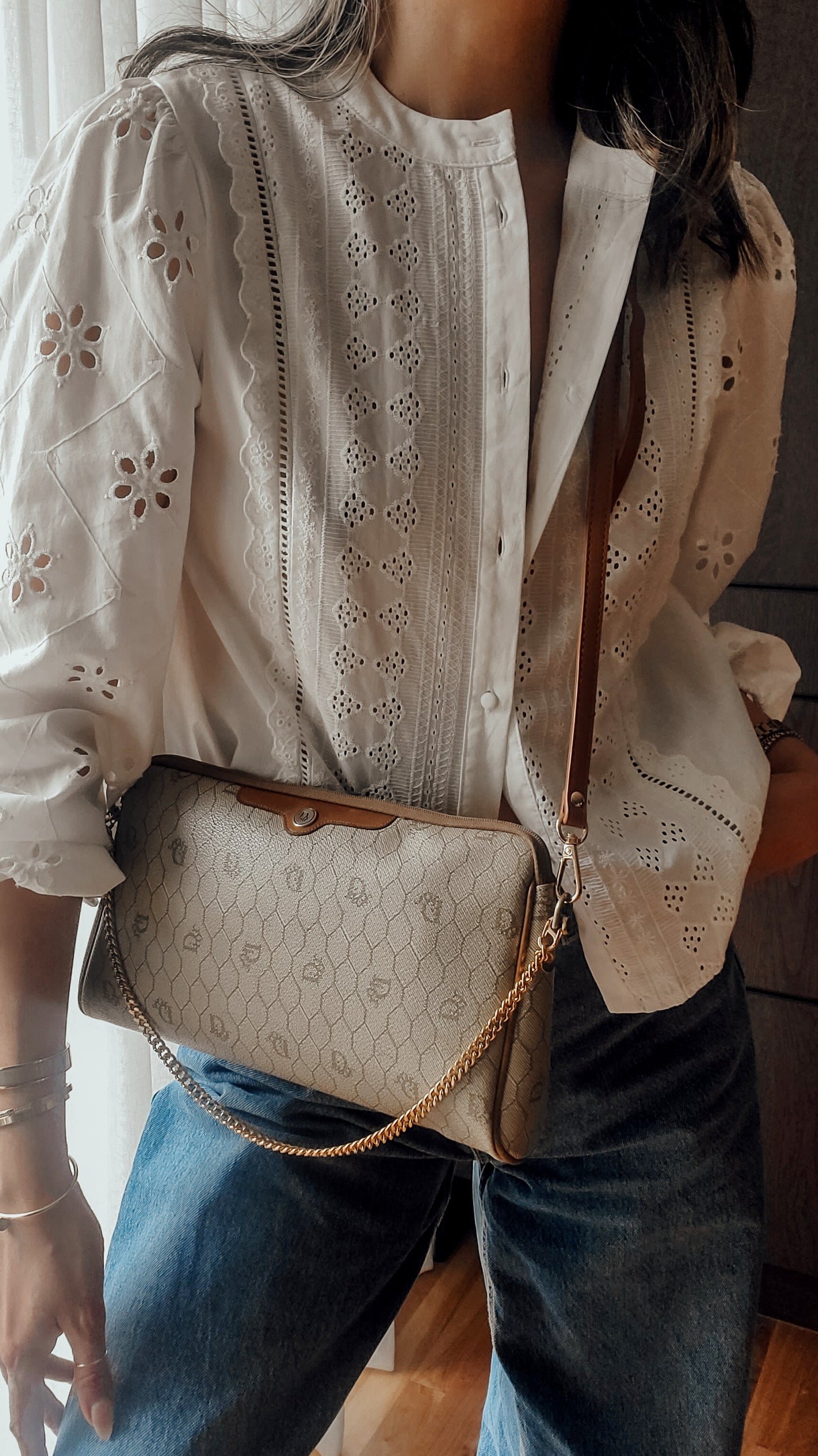 Authentic Vintage Dior Tan Purse on Strap & Chain