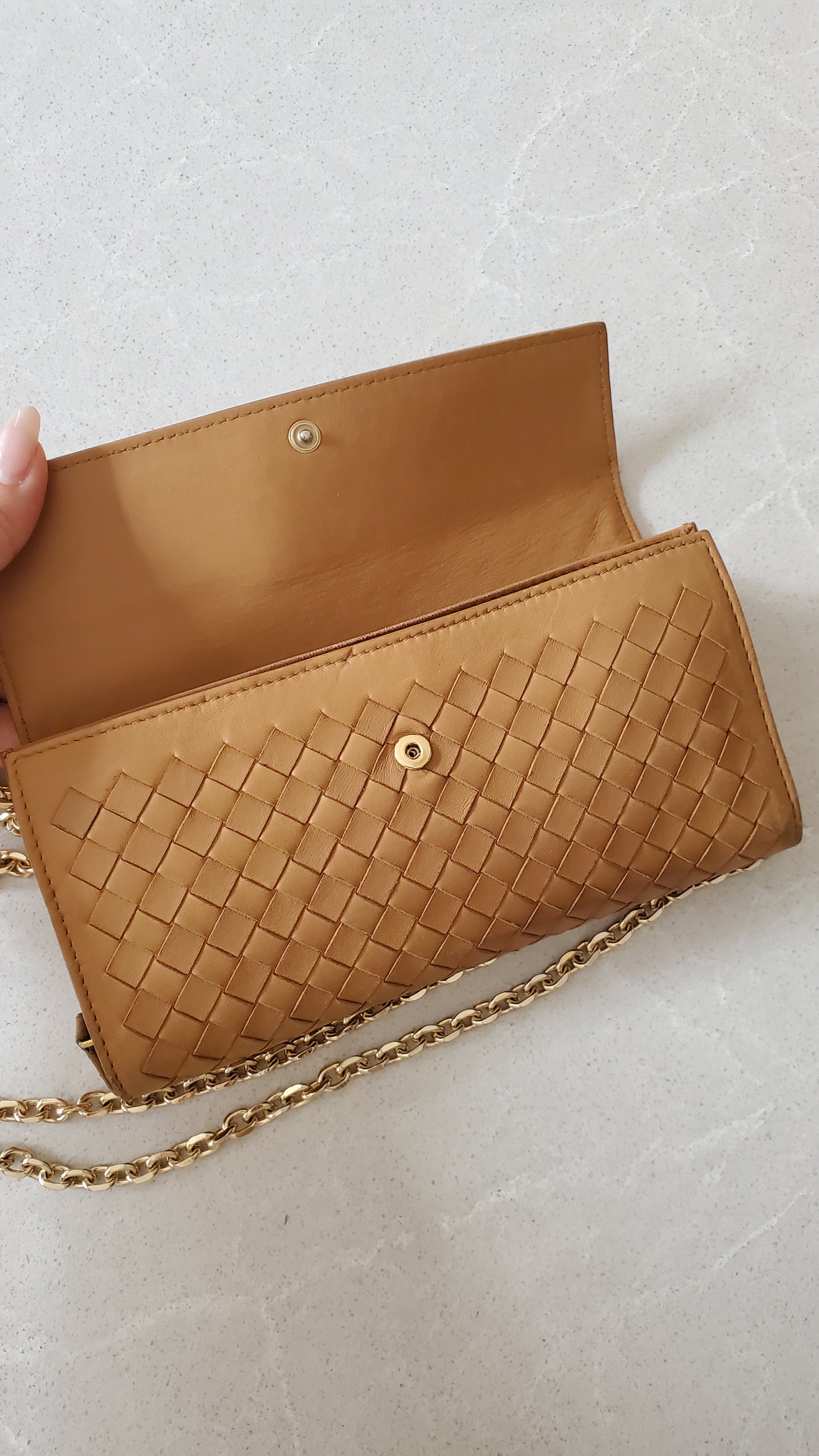Authentic Bottega Veneta Upcycle Long Tan Leather Wallet on Chains