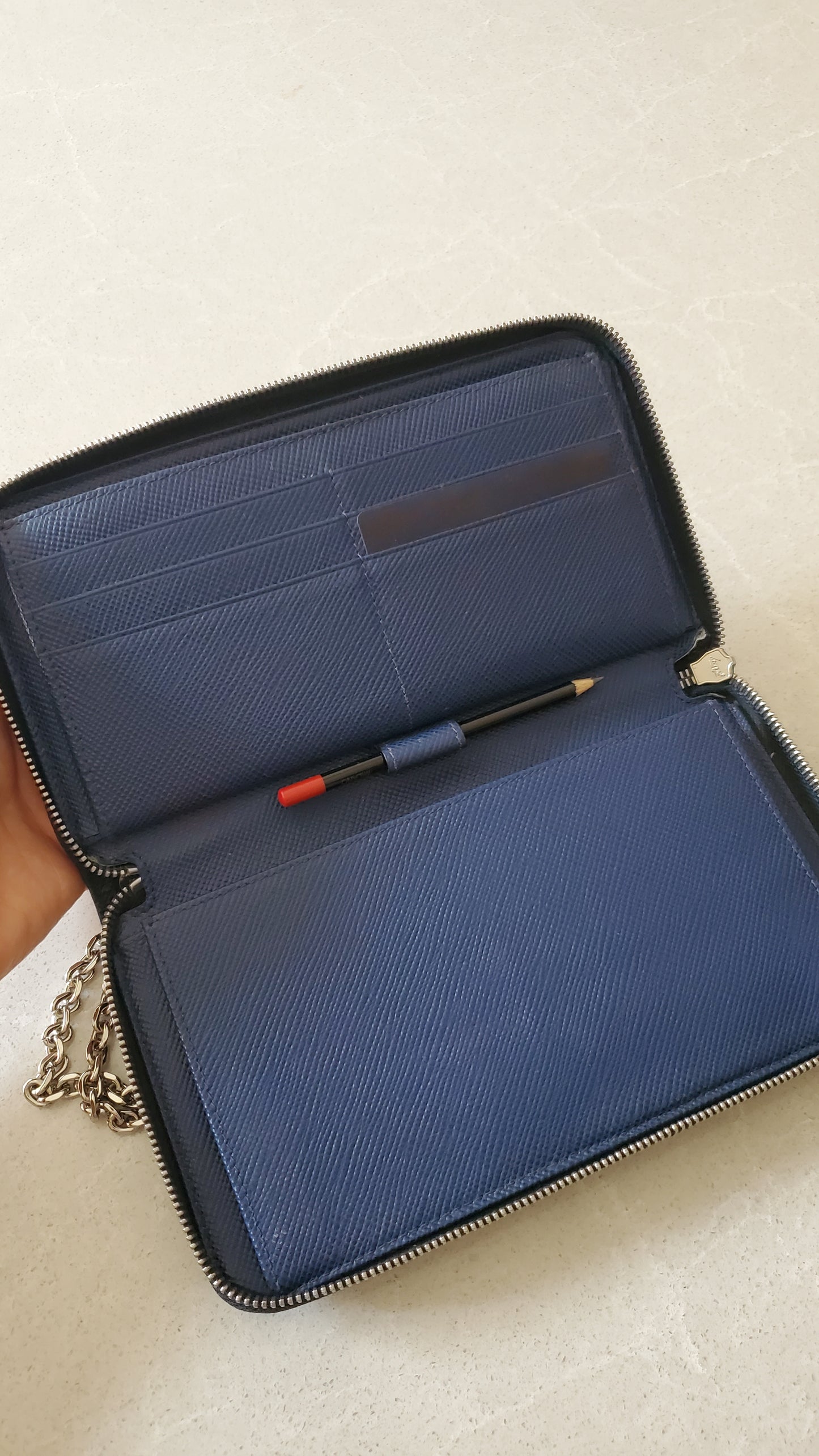 Authentic Prada Upcycle Dark Navy Large Zip-Up Wallet on Chain