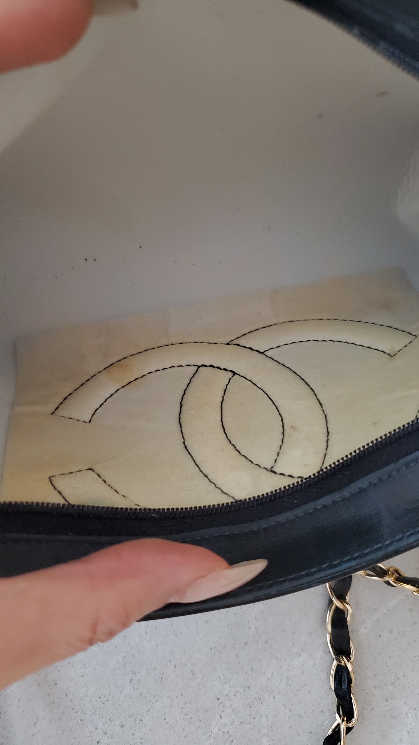 Authentic Vintage Chanel Upcycle Black Patent Pouch with Chain