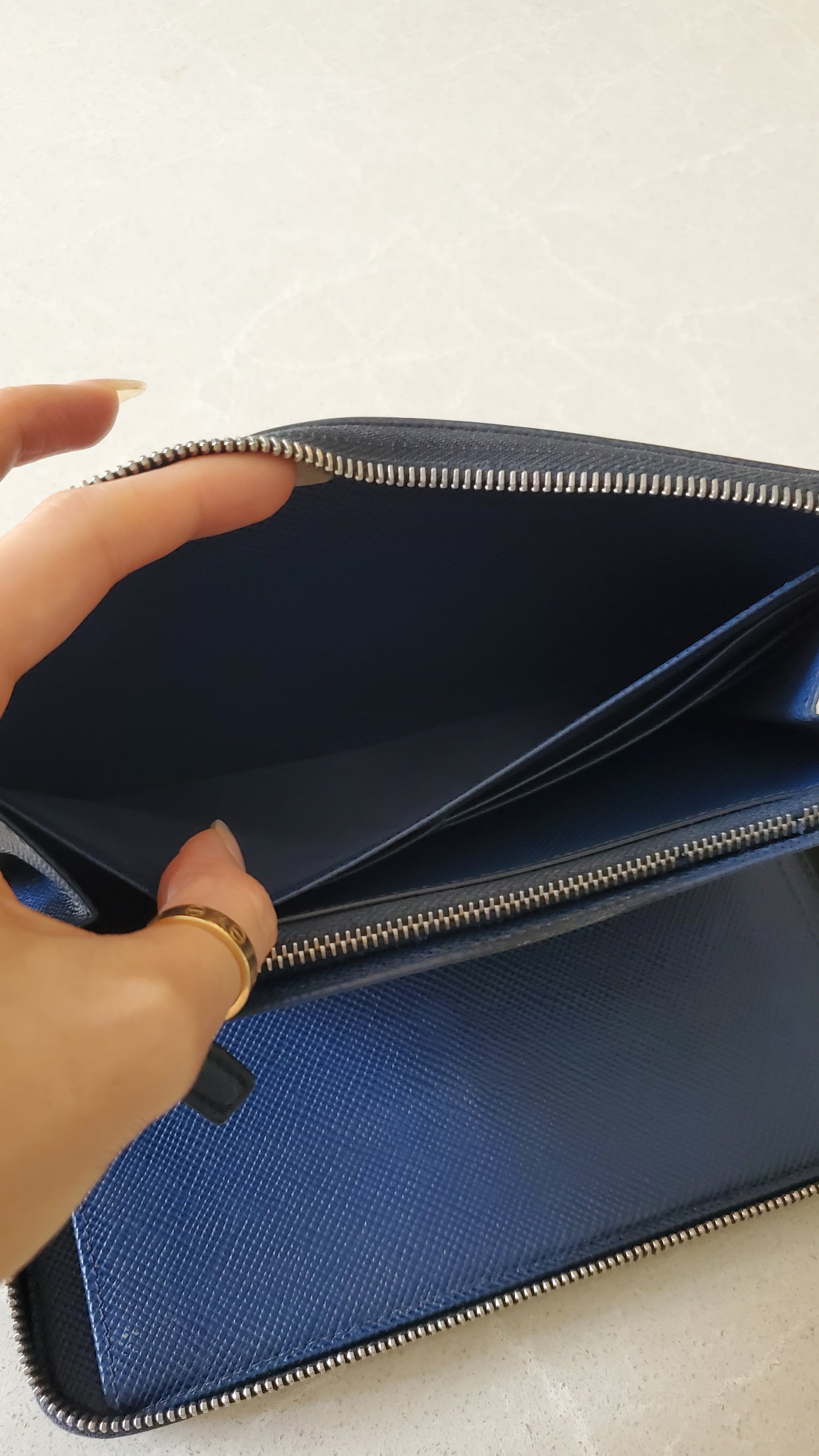 Authentic Prada Upcycle Dark Navy Large Zip-Up Wallet on Chain