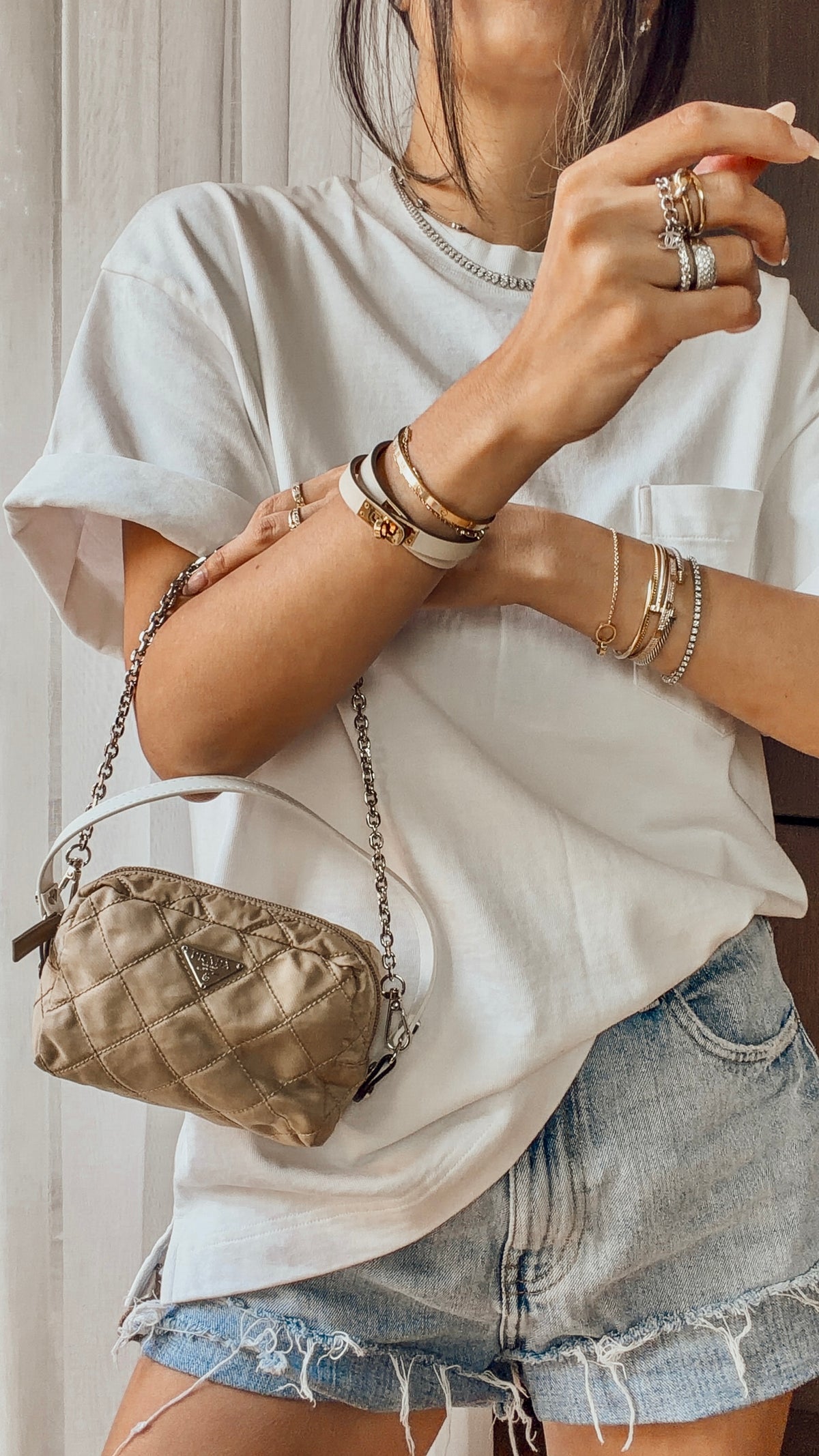 Authentic Prada Upcycle Versatile Beige Nylon Pouch with Chain & Straps (upgraded version)
