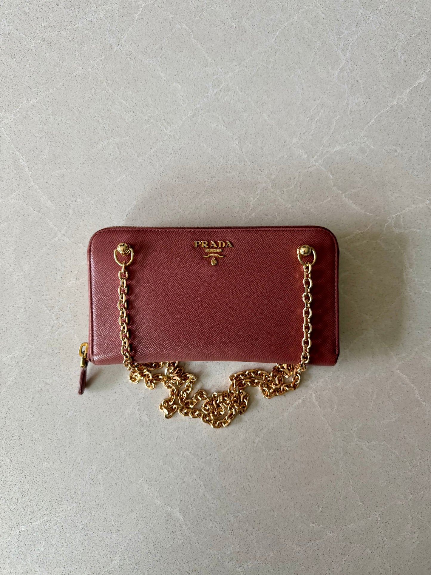 Authentic Prada Upcycle Pink Zip Wallet with Chains