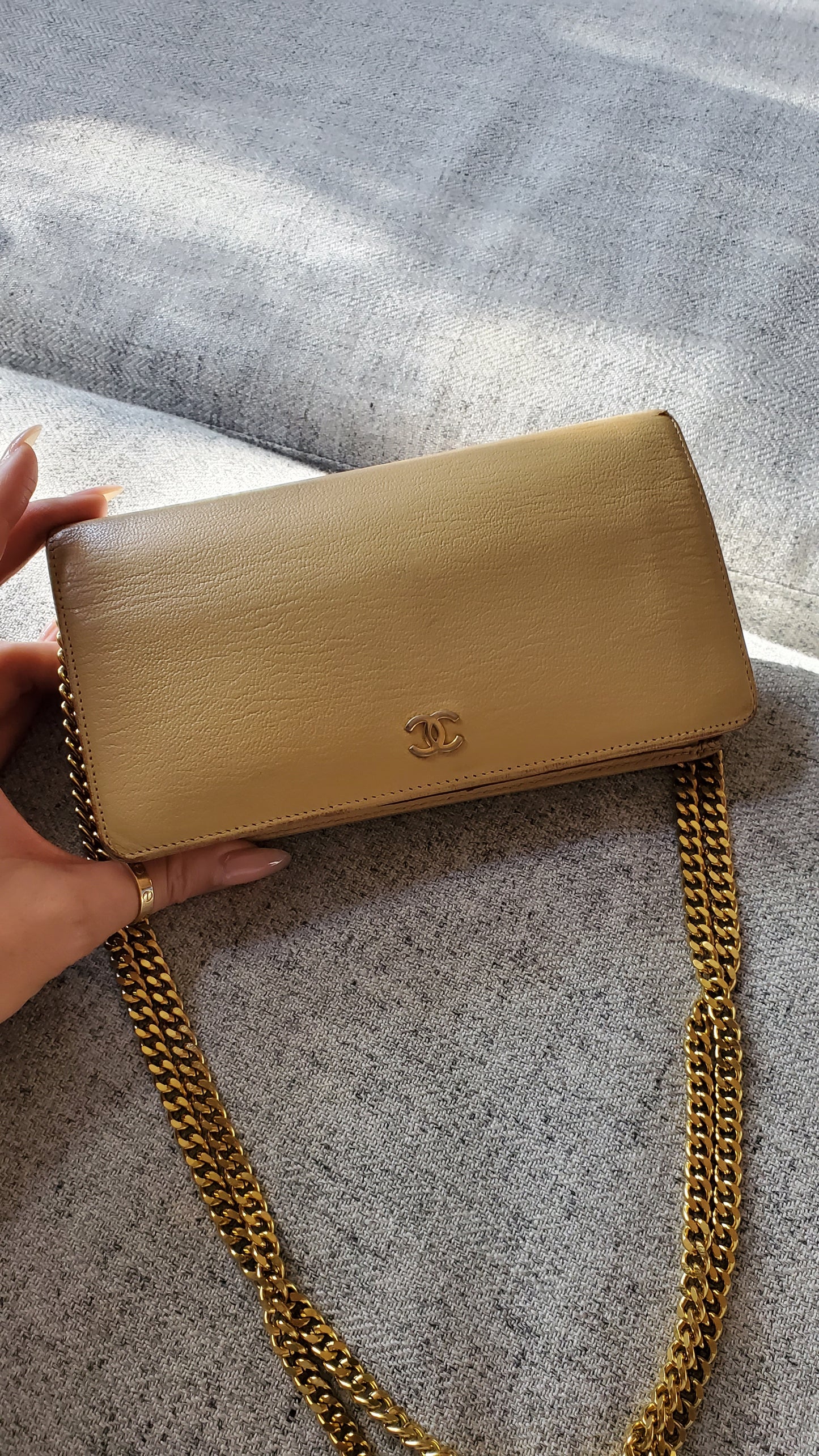 Authentic Chanel Upcycle Versatile Tan Caviar Wallet on Chain