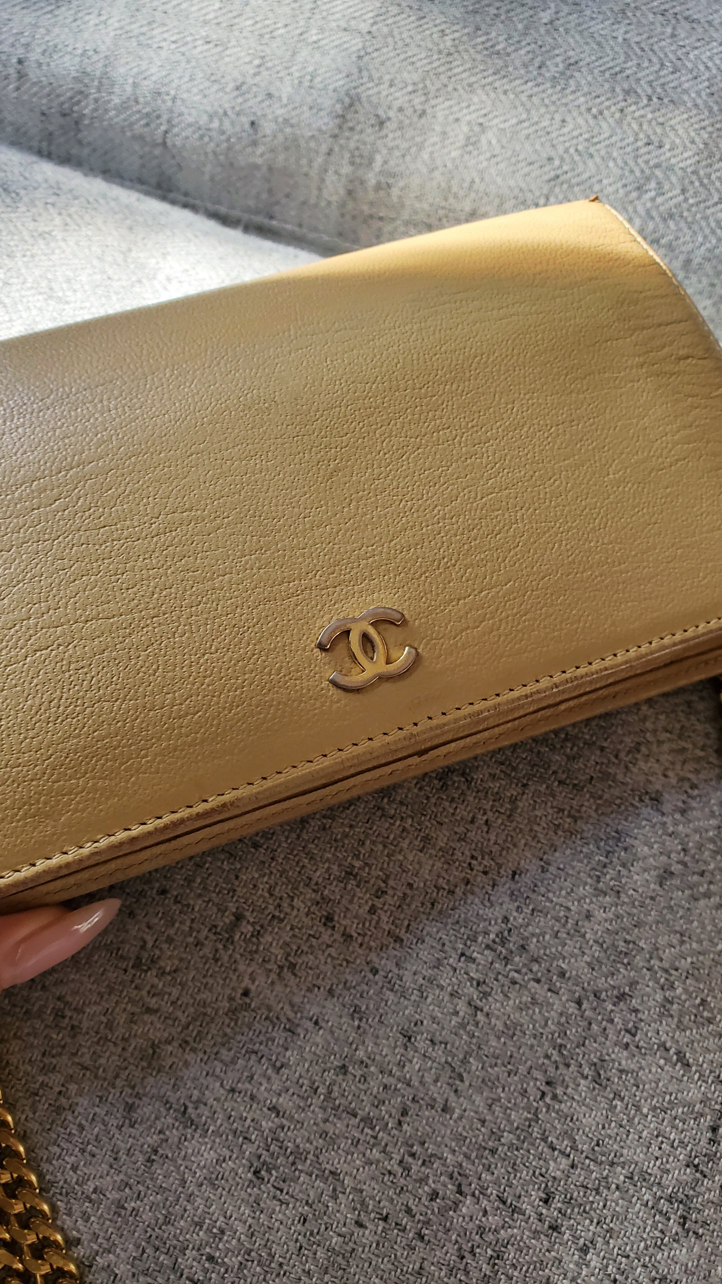 Authentic Chanel Upcycle Versatile Tan Caviar Wallet on Chain