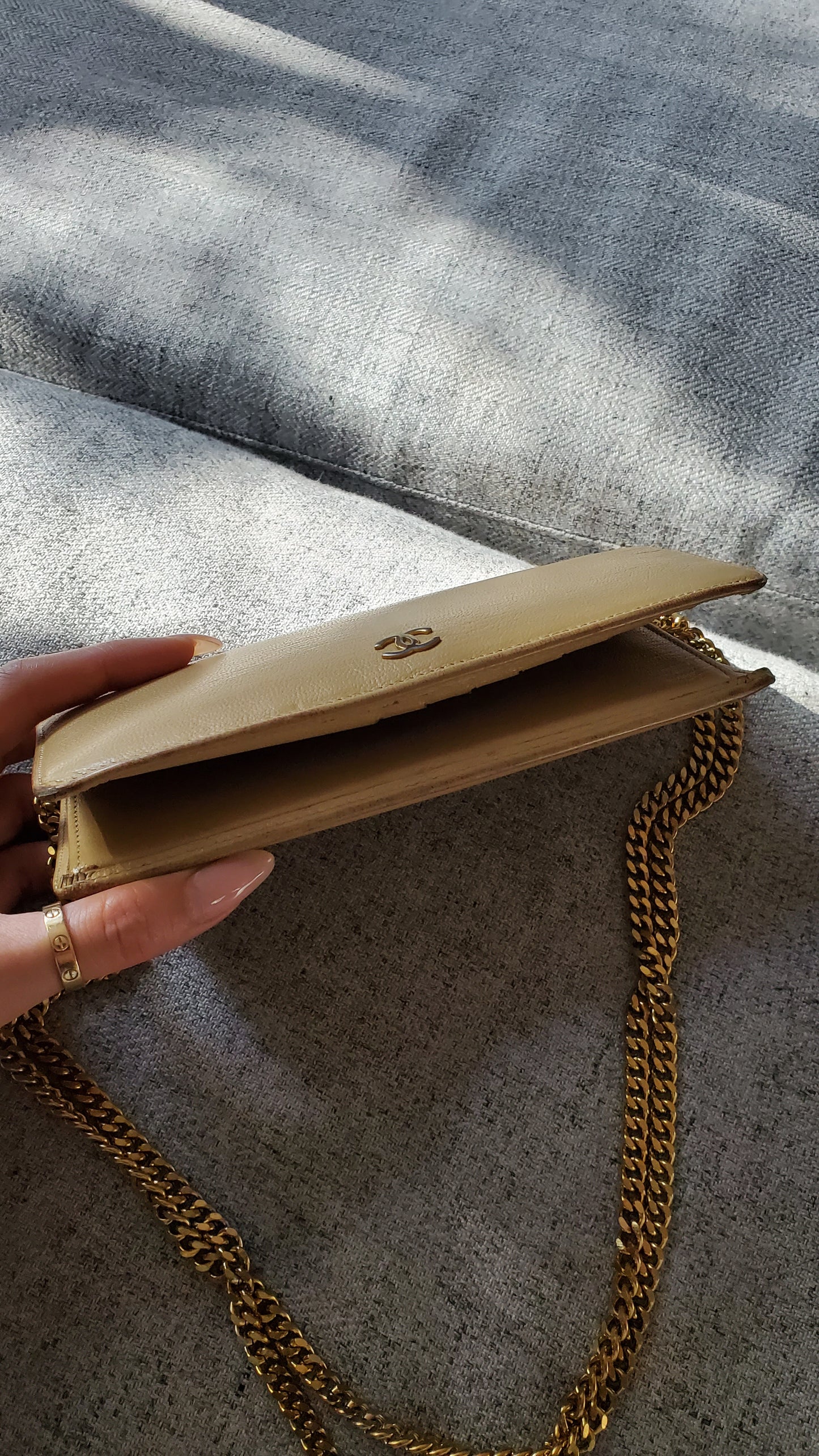 Authentic Chanel Upcycle Versatile Tan Caviar Wallet on Chain