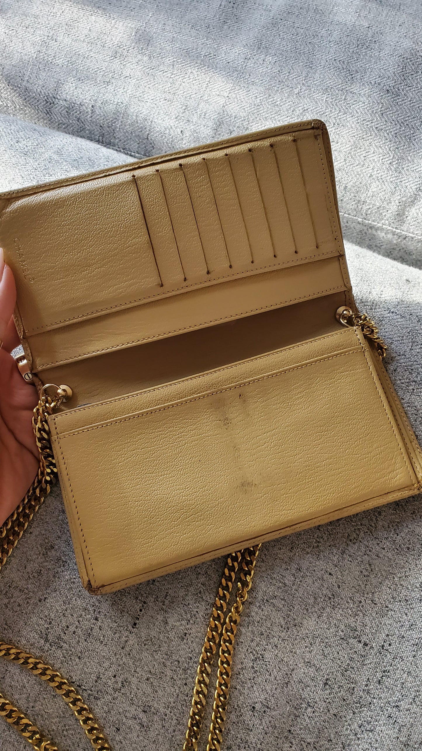 Authentic Chanel Upcycle Versatile Tan Caviar Wallet on Chain