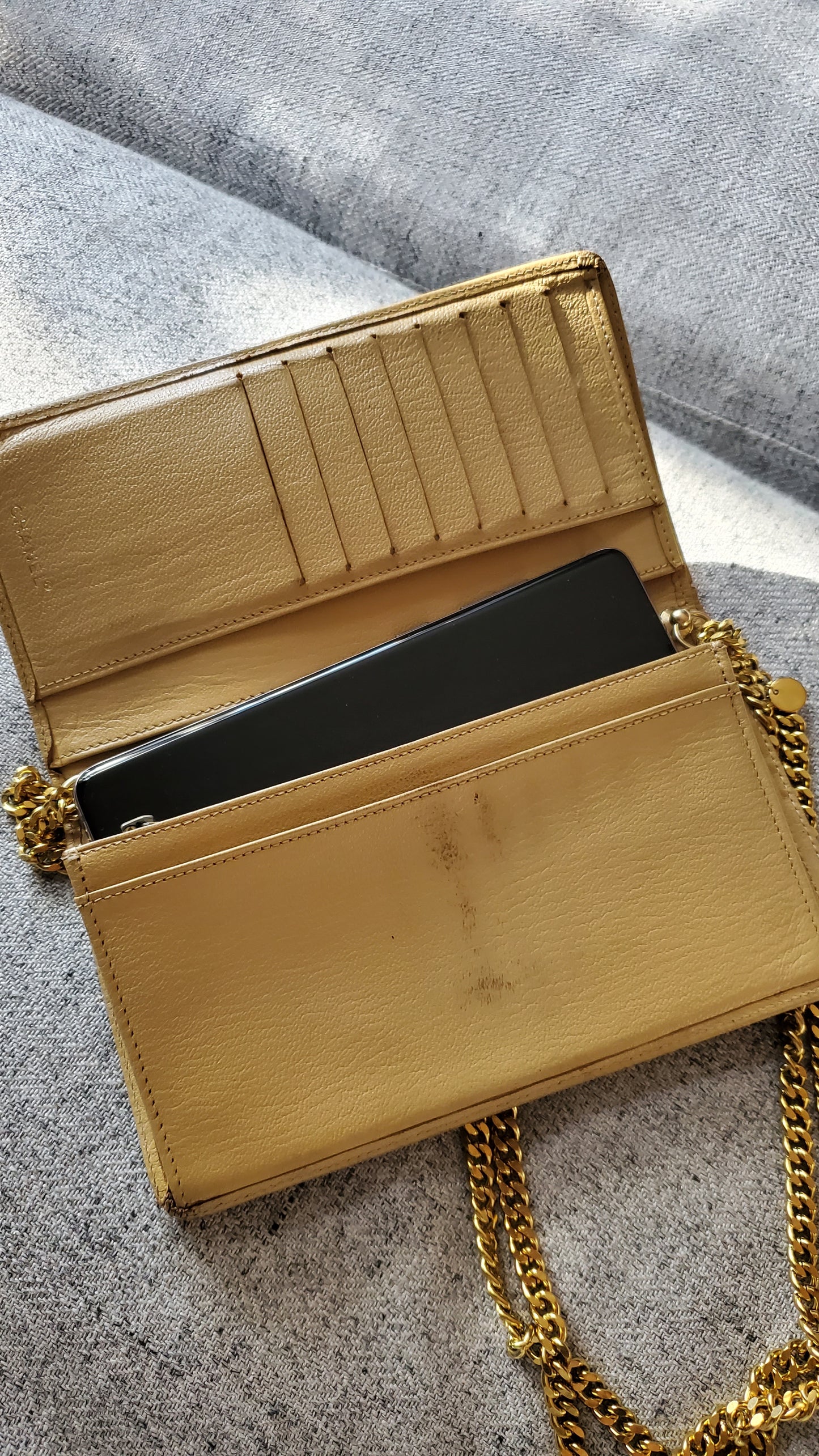 Authentic Chanel Upcycle Versatile Tan Caviar Wallet on Chain