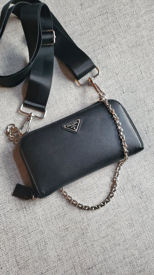 Authentic Prada Upcycle Black Long Zip-Up Wallet on Chain & Strap