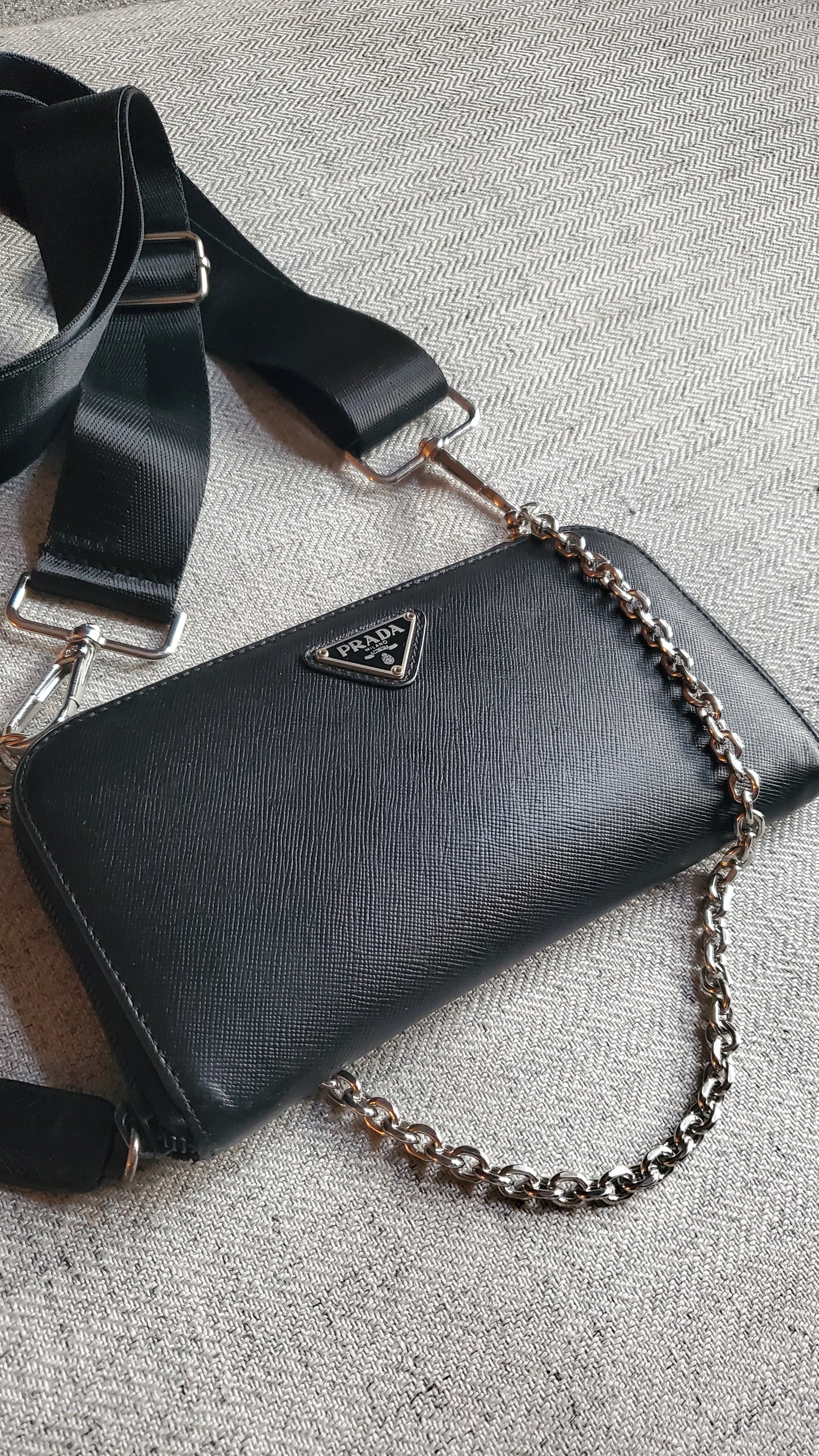 Authentic Prada Upcycle Black Long Zip-Up Wallet on Chain & Strap