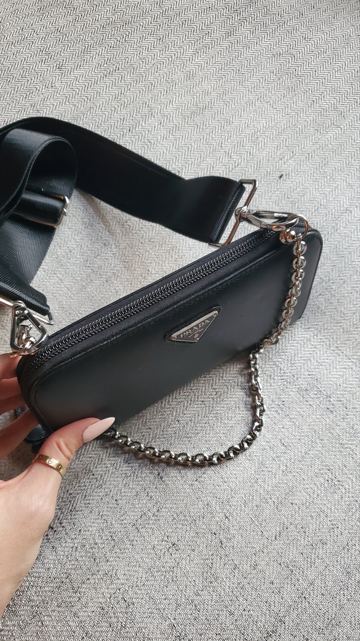 Authentic Prada Upcycle Black Long Zip-Up Wallet on Chain & Strap