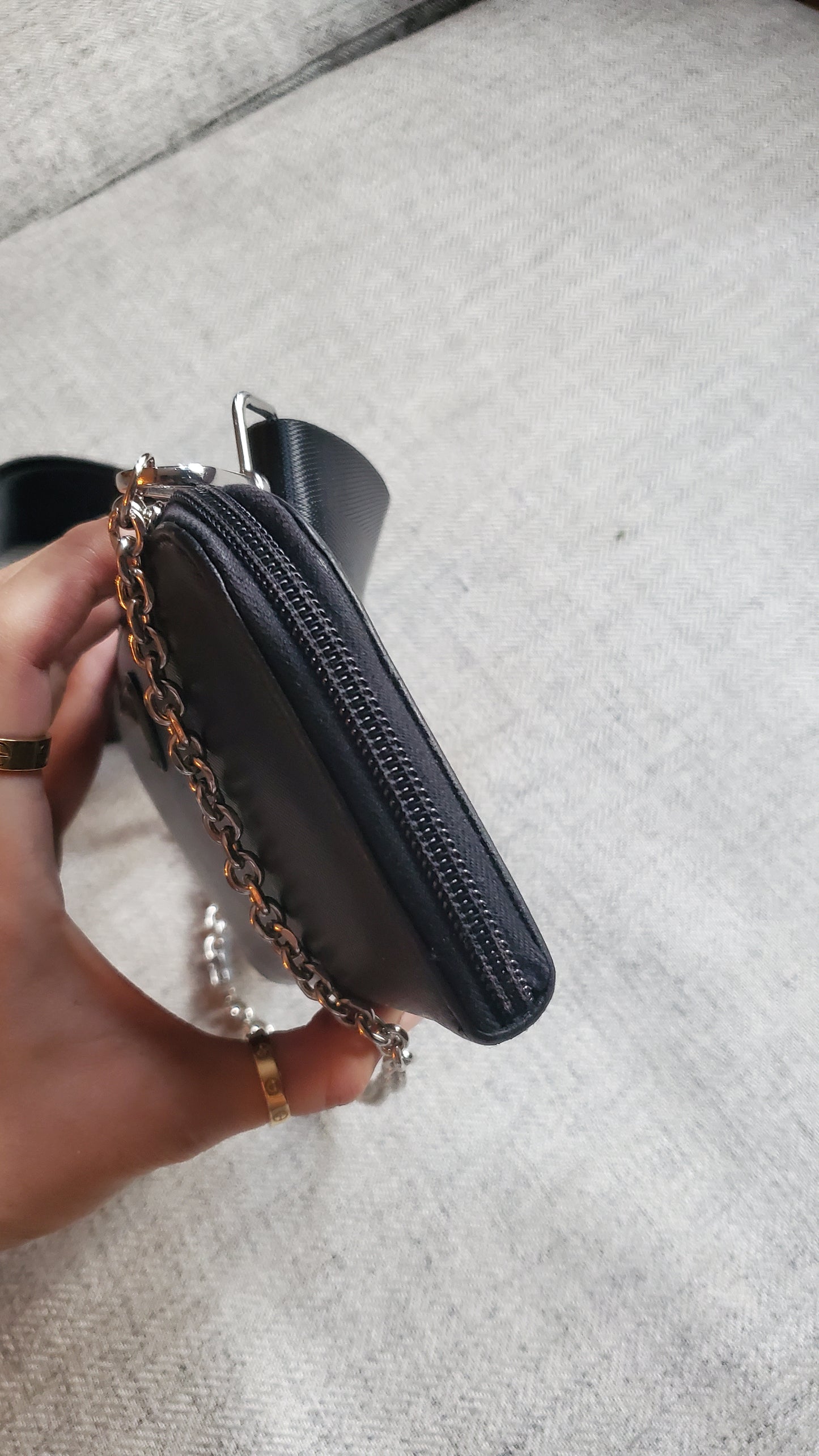 Authentic Prada Upcycle Black Long Zip-Up Wallet on Chain & Strap