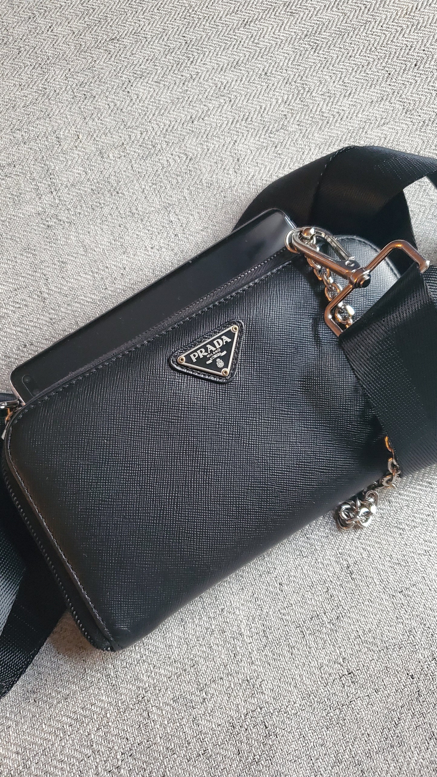 Authentic Prada Upcycle Black Long Zip-Up Wallet on Chain & Strap