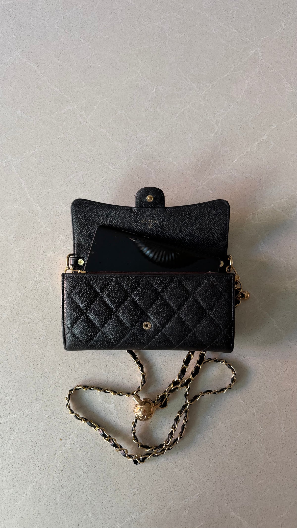 Authentic Chanel Upcycle Black Caviar Long Wallet Purse with Strap & Chain