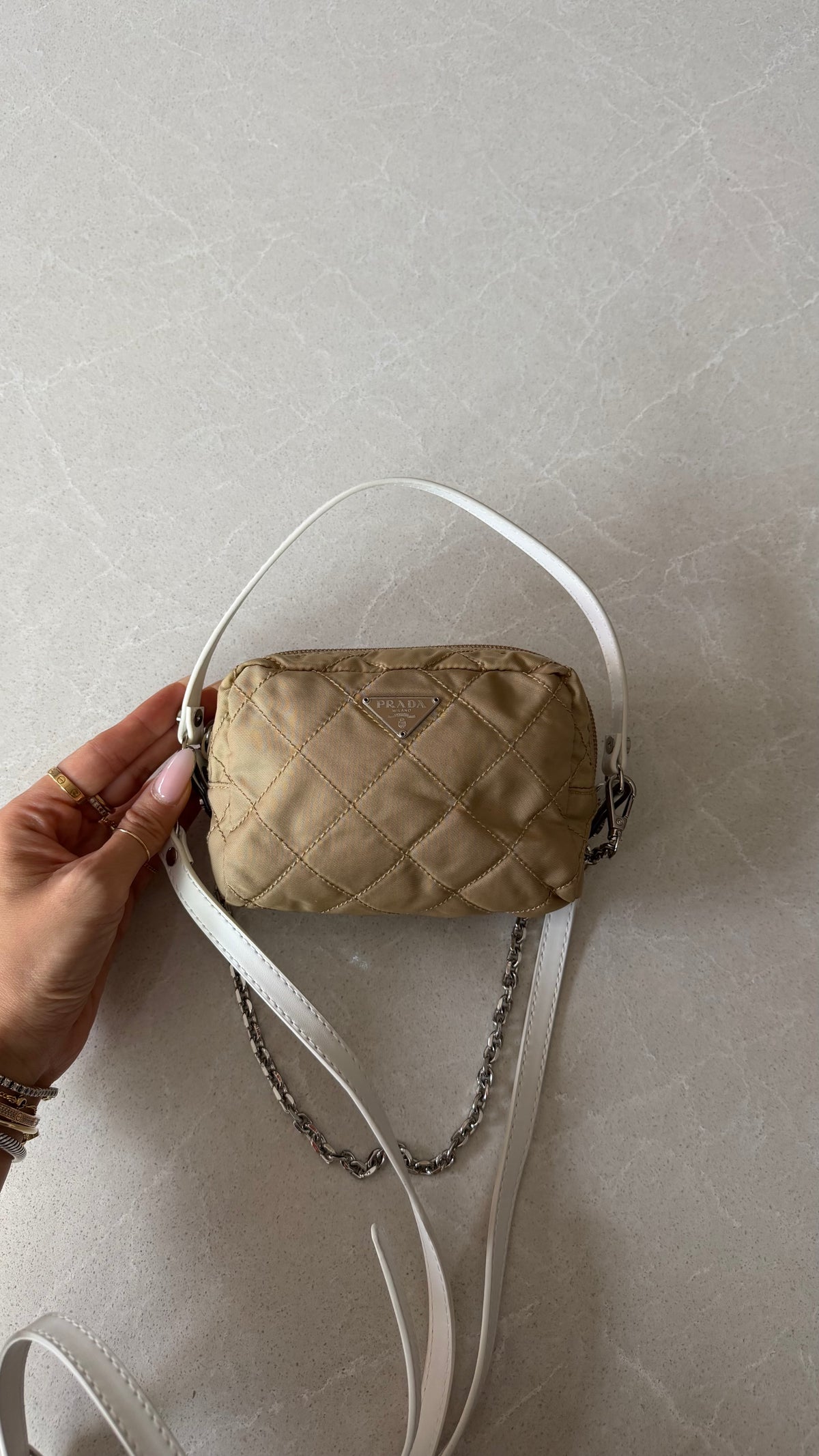 Authentic Prada Upcycle Versatile Beige Nylon Pouch with Chain & Straps (upgraded version)
