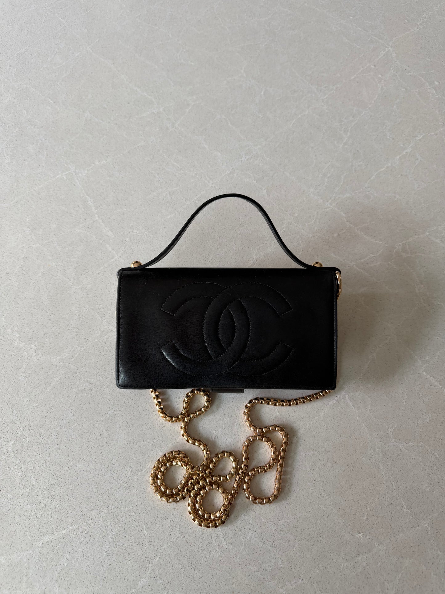 Authentic Chanel Upcycle Black Leather Long Wallet with Strap & Chain