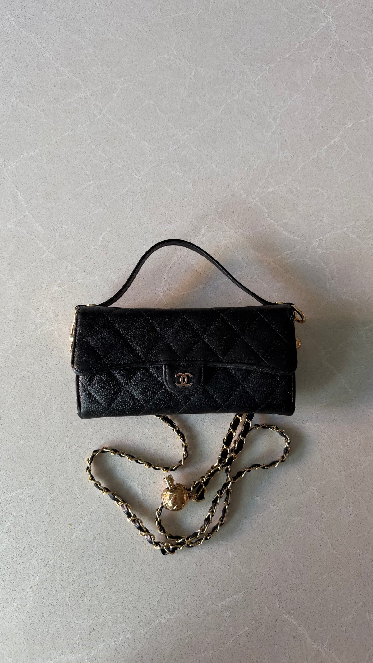 Authentic Chanel Upcycle Black Caviar Long Wallet Purse with Strap & Chain