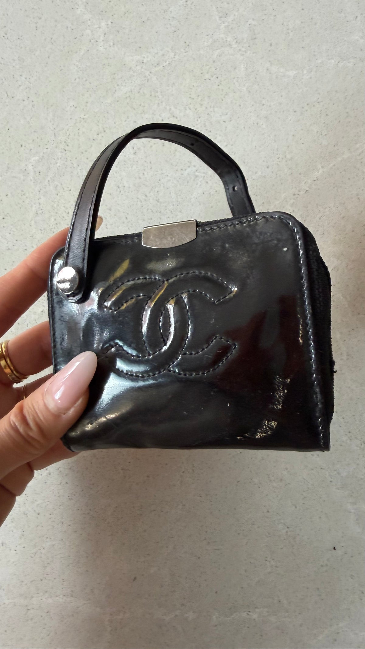 Authentic Chanel Black Patent Key Holder Charm with Chain