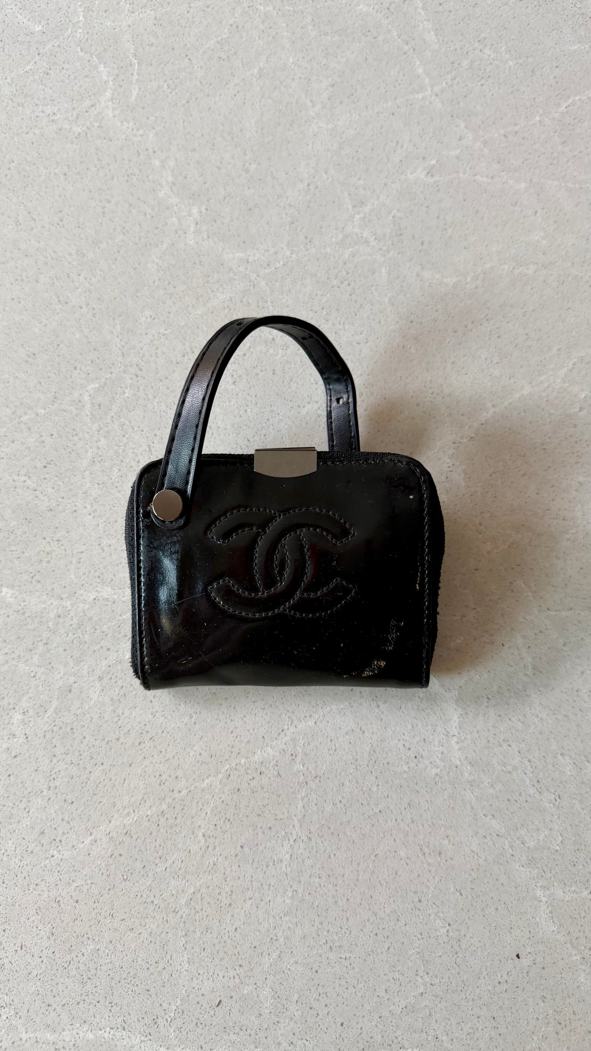 Authentic Chanel Black Patent Key Holder Charm with Chain