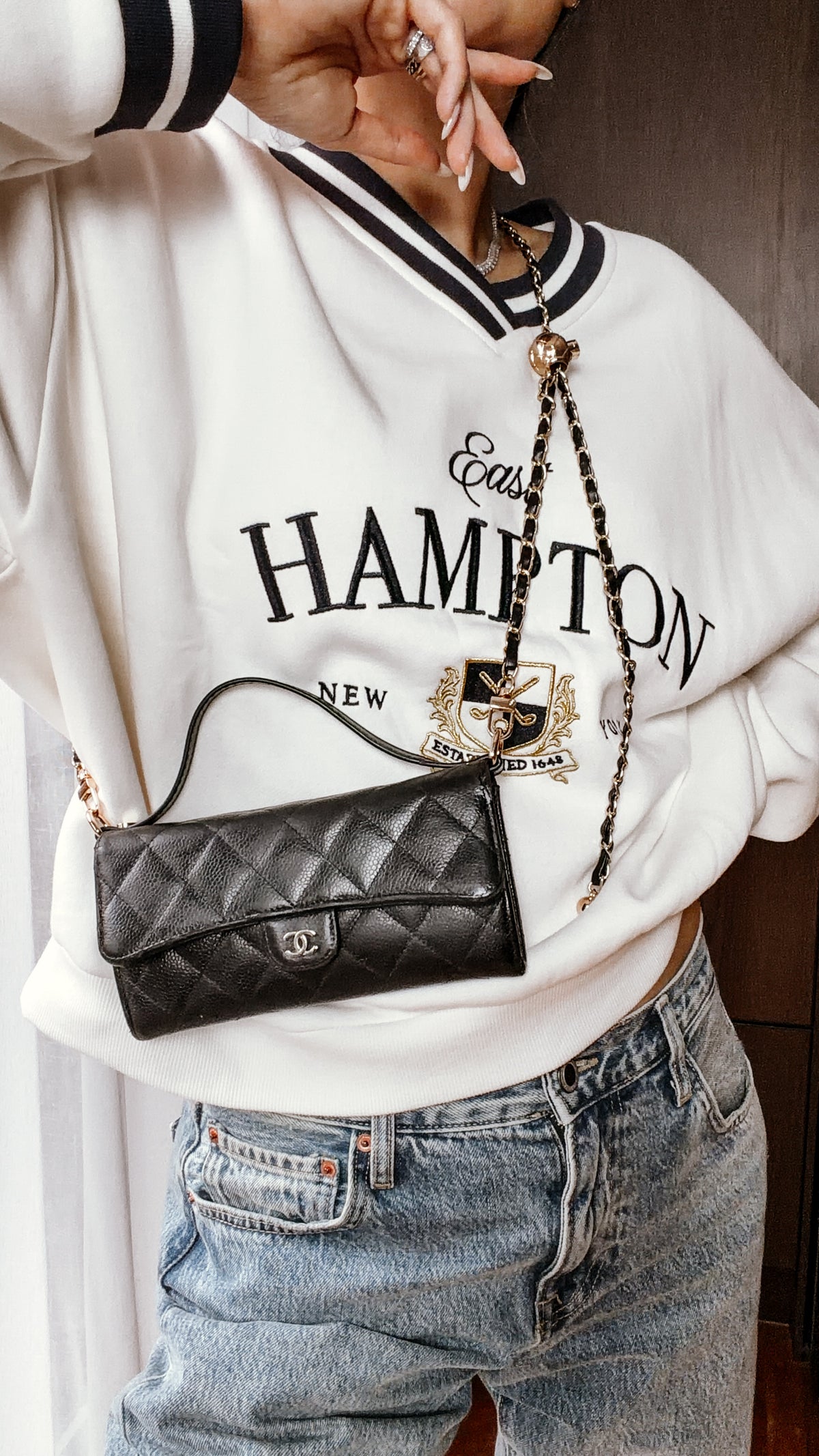 Authentic Chanel Upcycle Black Caviar Long Wallet Purse with Strap & Chain