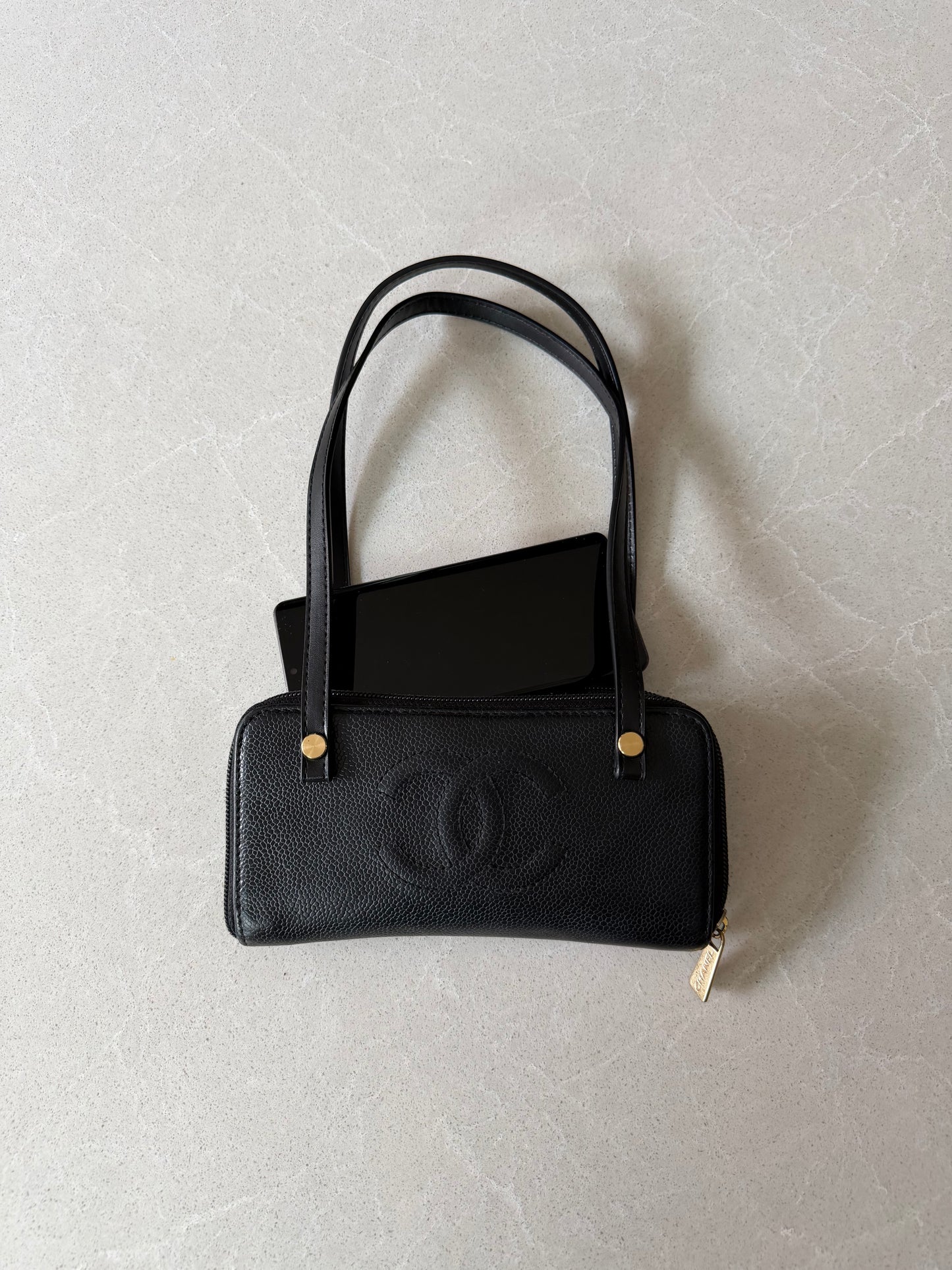 Authentic Chanel Upcycle Black Caviar Wallet with Shoulder Straps