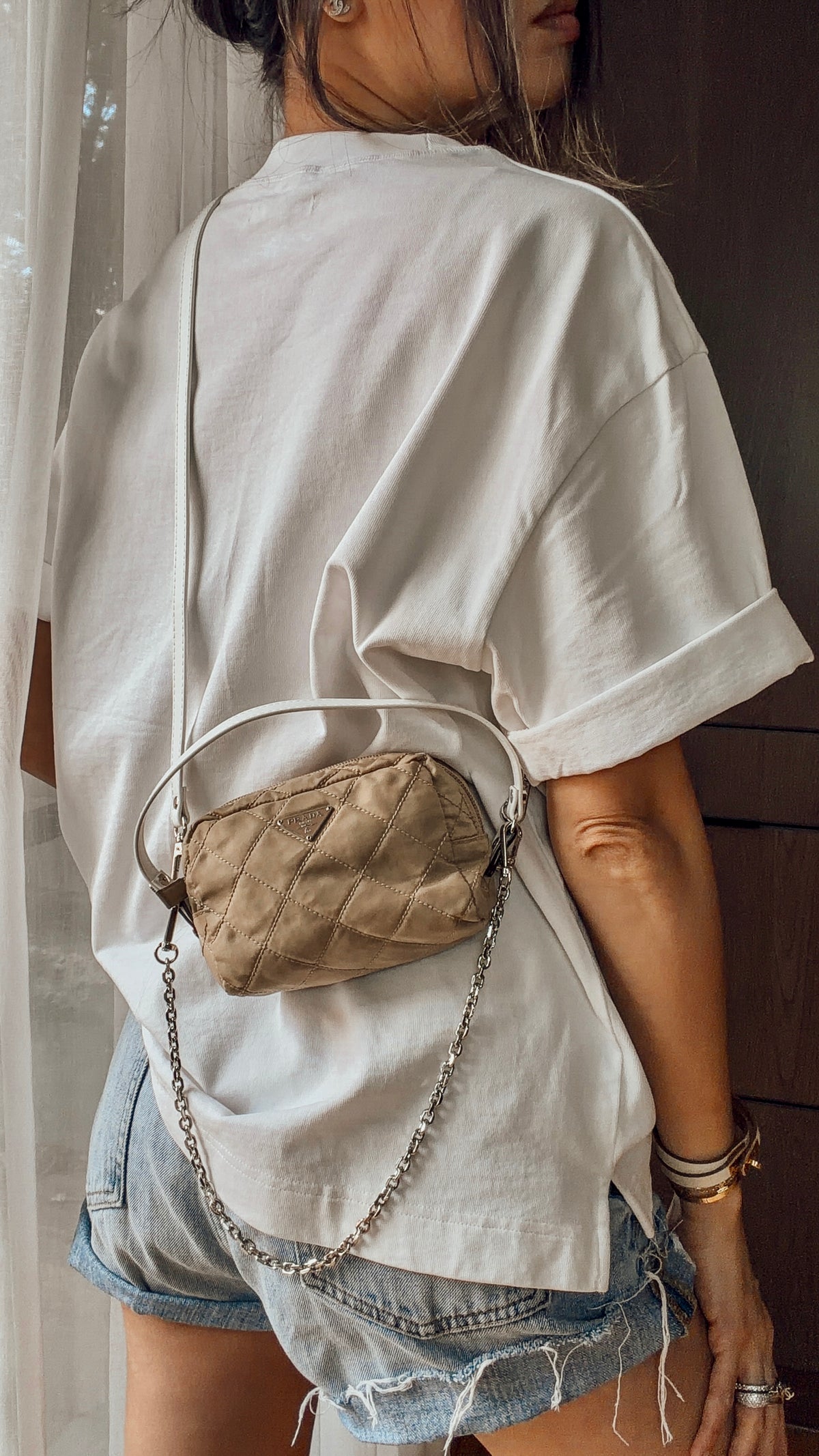 Authentic Prada Upcycle Versatile Beige Nylon Pouch with Chain & Straps (upgraded version)