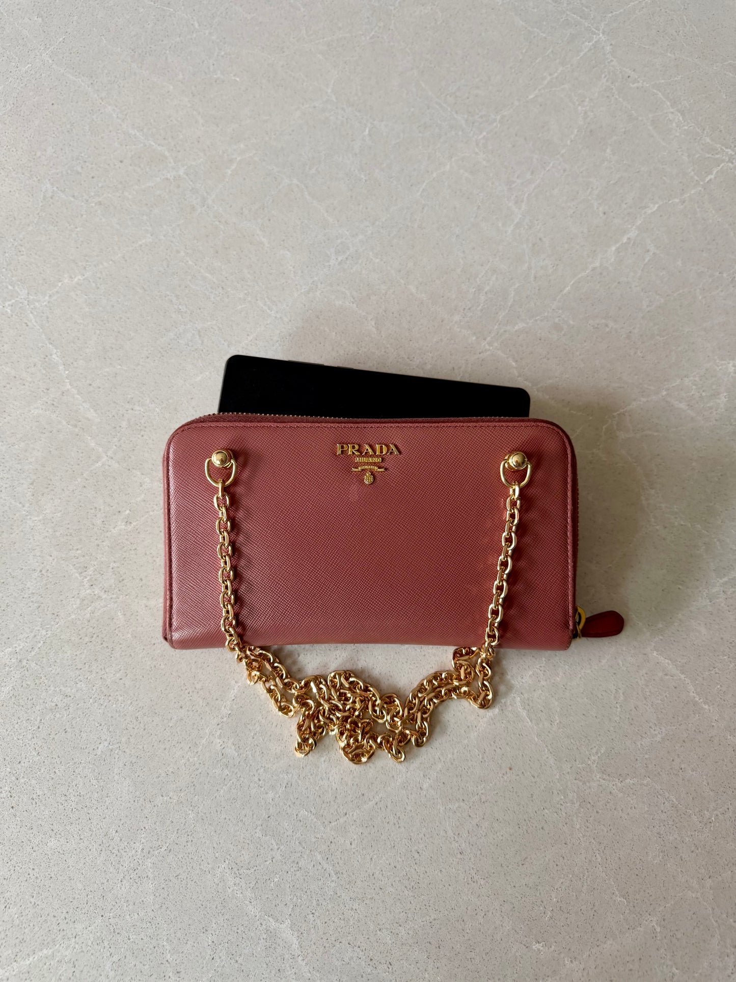 Authentic Prada Upcycle Pink Zip Wallet with Chains
