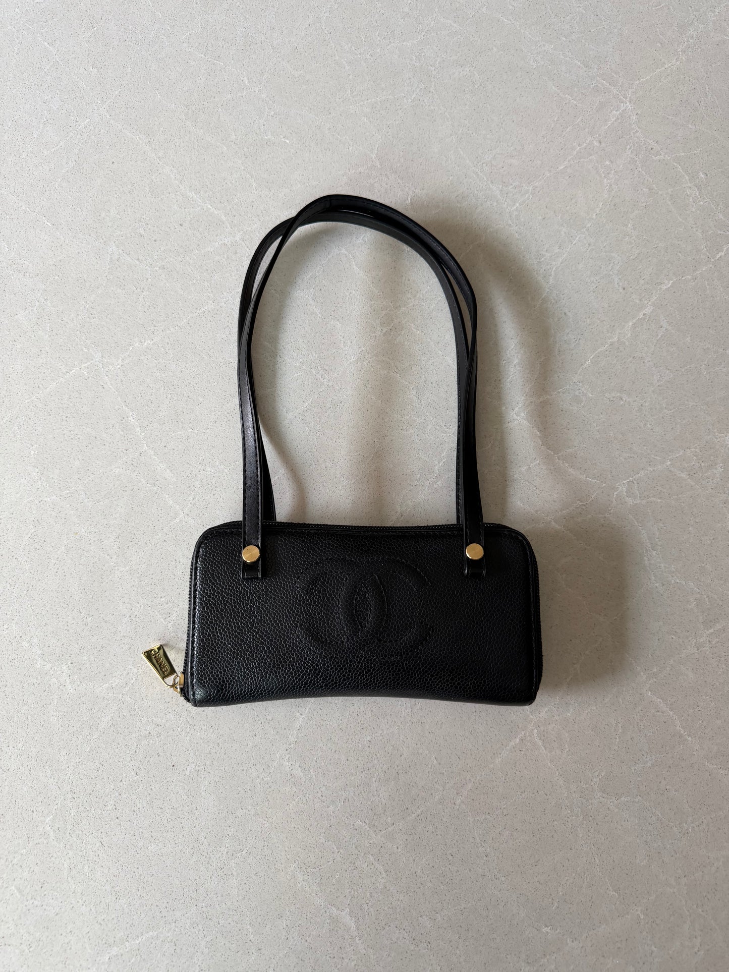 Authentic Chanel Upcycle Black Caviar Wallet with Shoulder Straps