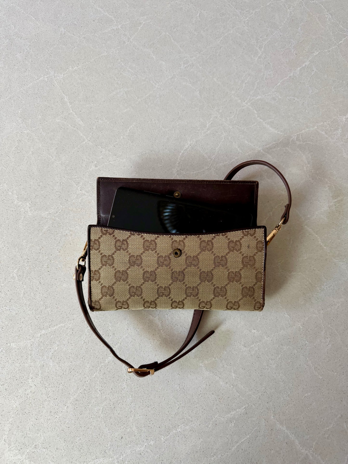 Authentic Gucci Upcycle Brown Wallet with Shoulder Strap
