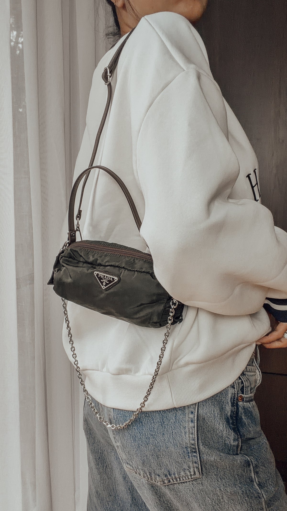 Authentic Prada Upcycle Versatile Dark Green (2) Pouch with Straps & Chain