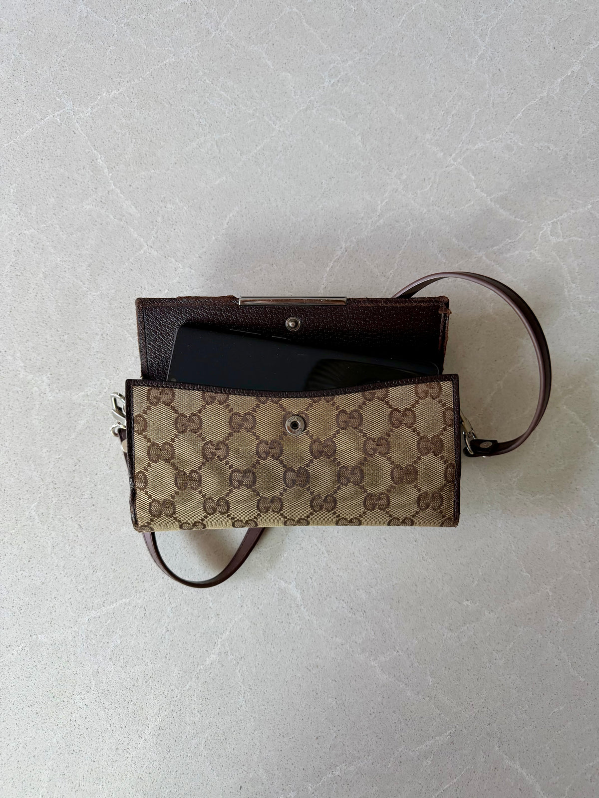 Authentic Gucci Upcycle Brown Wallet with Shoulder Strap