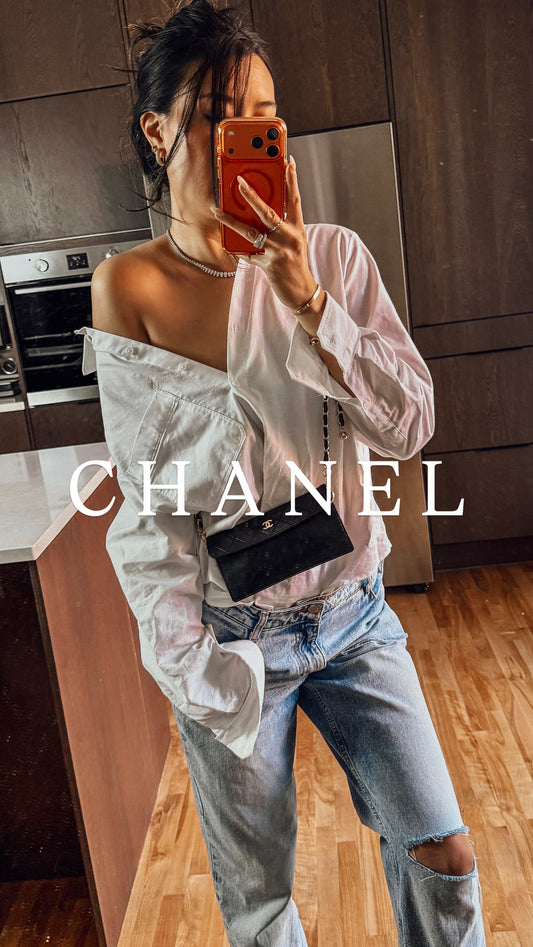 Authentic Vintage Chanel Upcycle Black Leather Flat Clutch with Chain