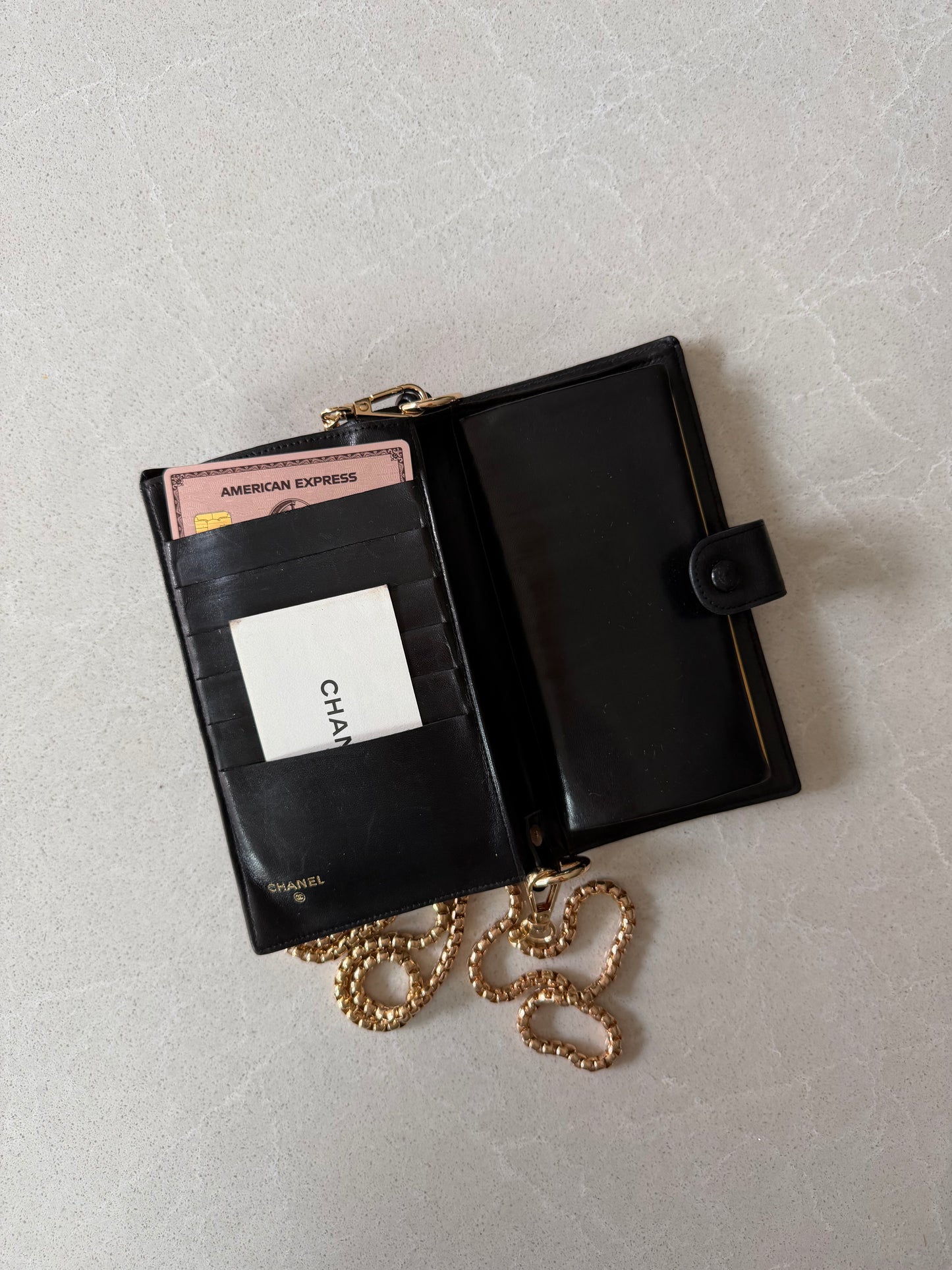 Authentic Chanel Upcycle Black Leather Long Wallet with Strap & Chain