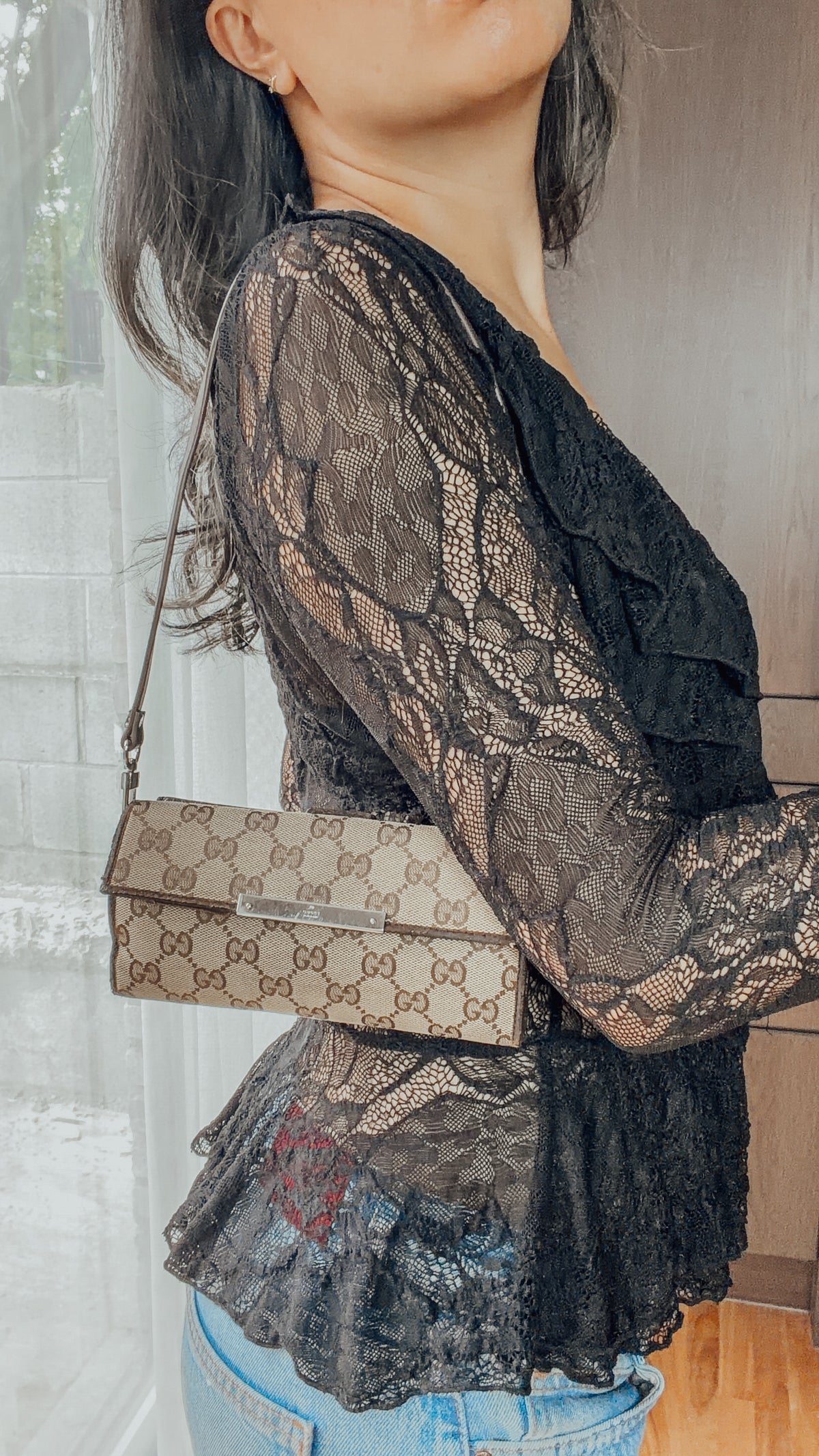 Authentic Gucci Upcycle Brown Wallet with Shoulder Strap