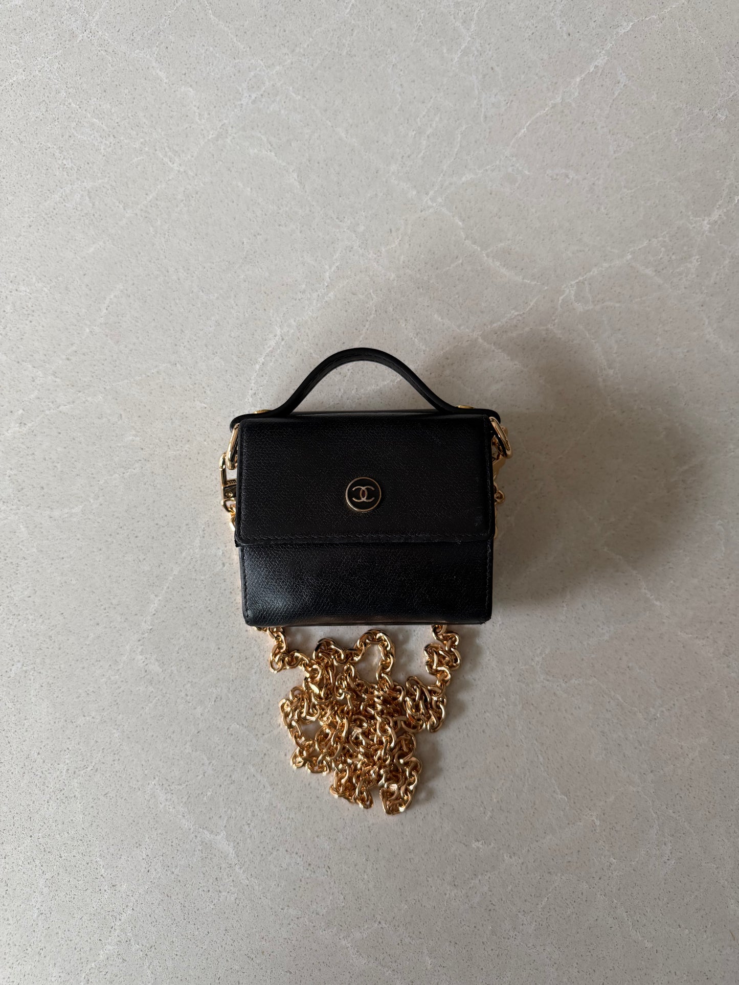 Authentic Chanel Upcycle Small Black Caviar Wallet with Strap and Chain