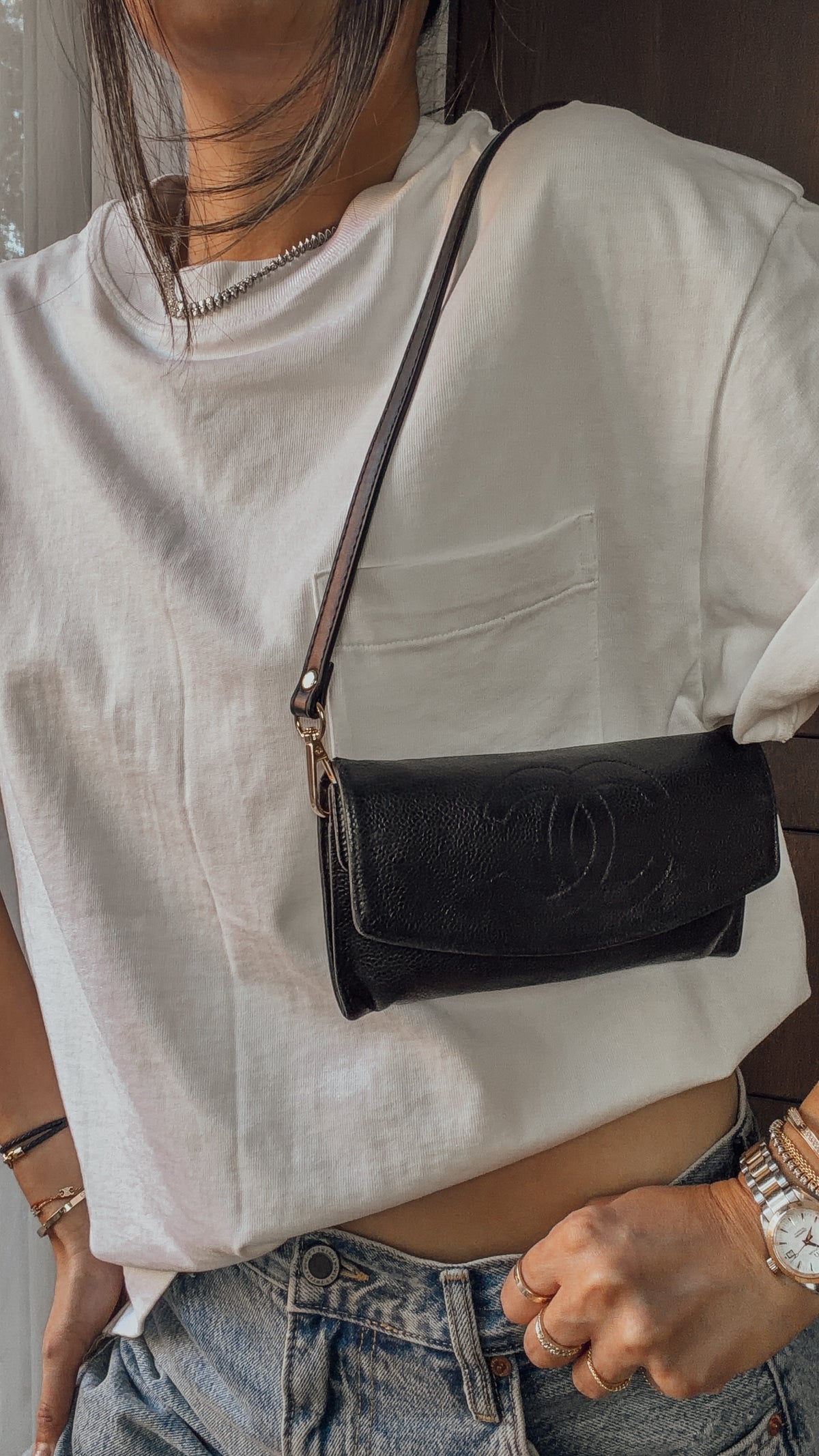 Authentic Vintage Chanel Upcycle Black Caviar Shoulder Wallet with Strap