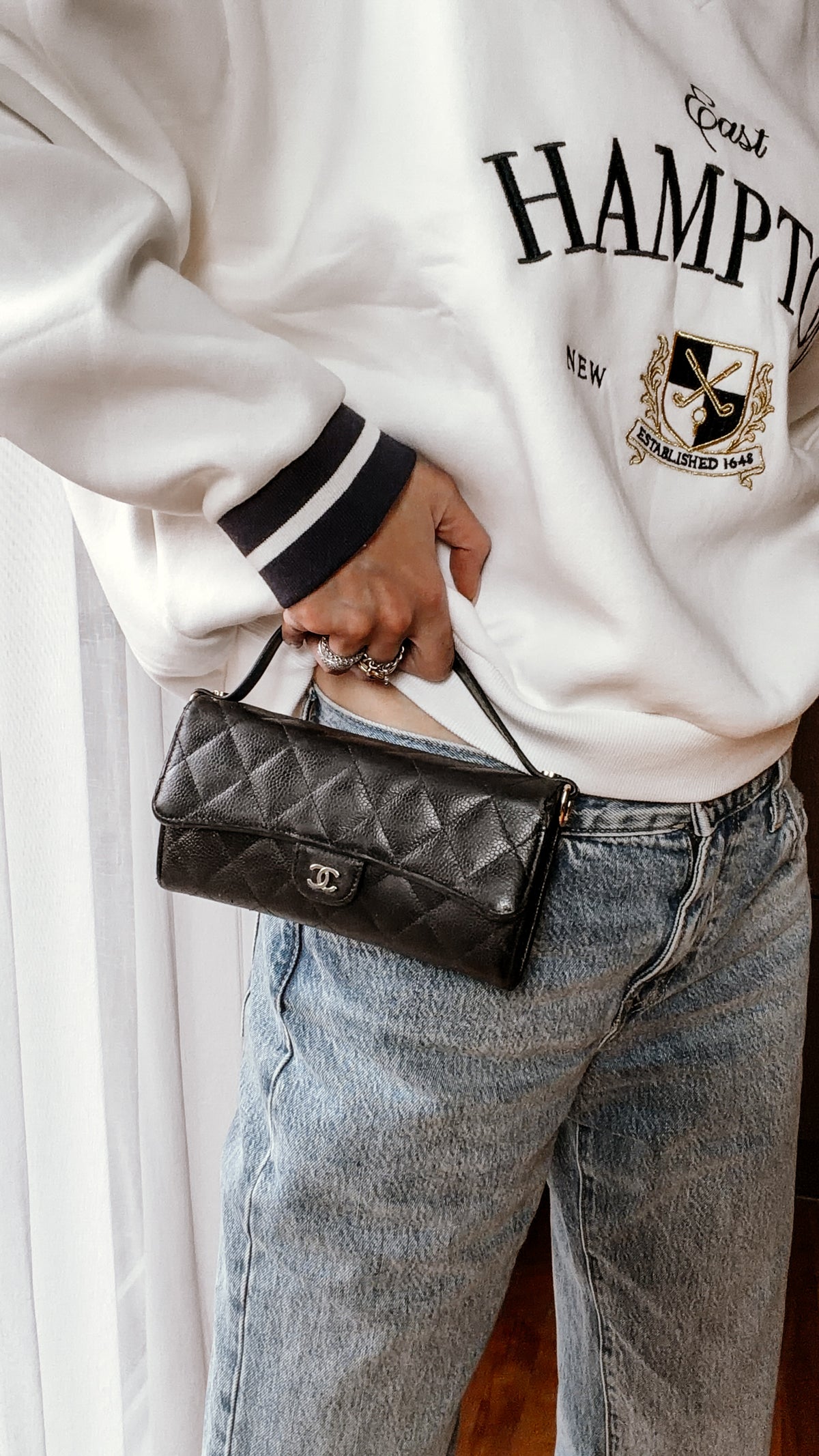 Authentic Chanel Upcycle Black Caviar Long Wallet Purse with Strap & Chain