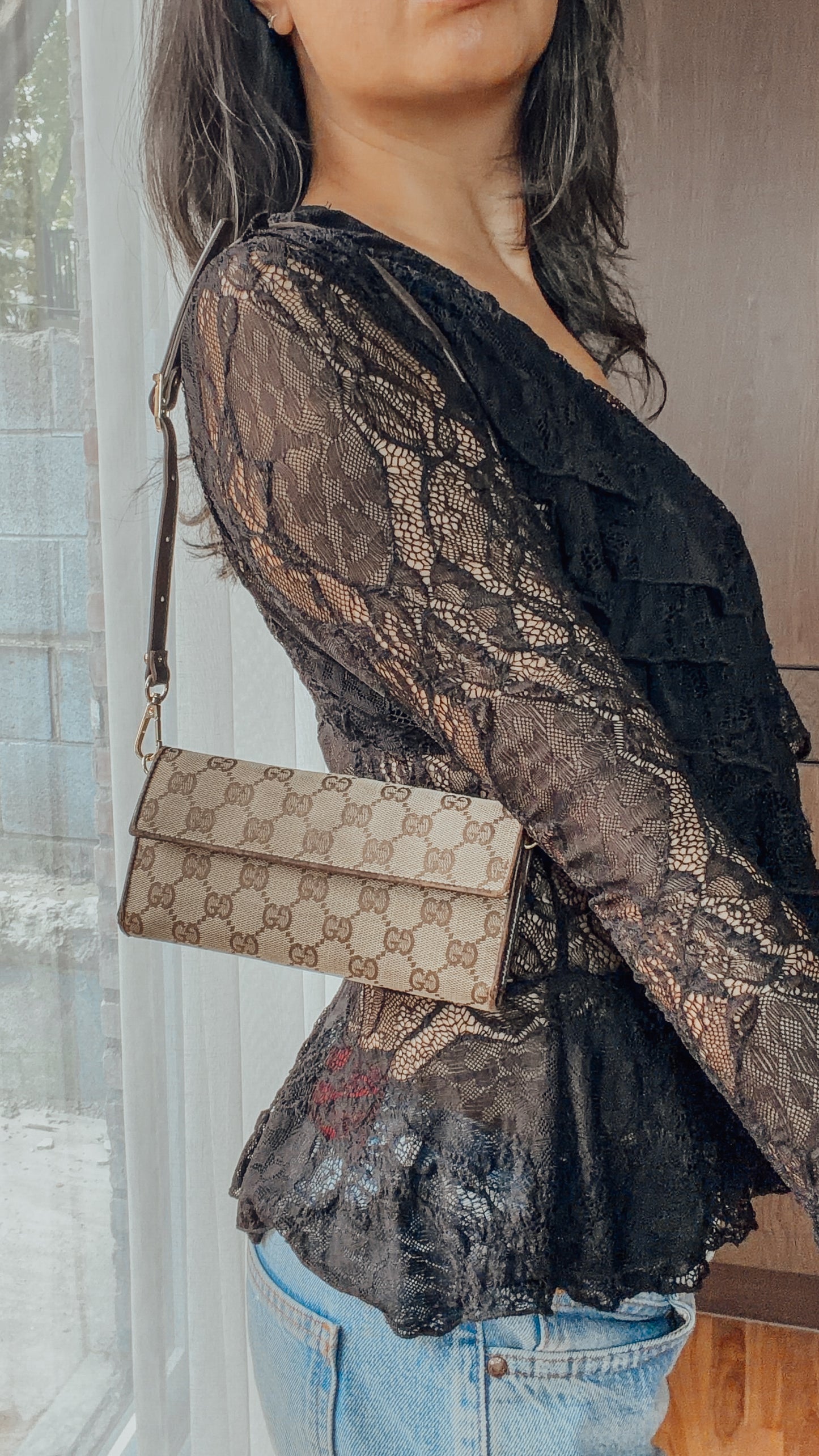 Authentic Gucci Upcycle Brown Wallet with Shoulder Strap