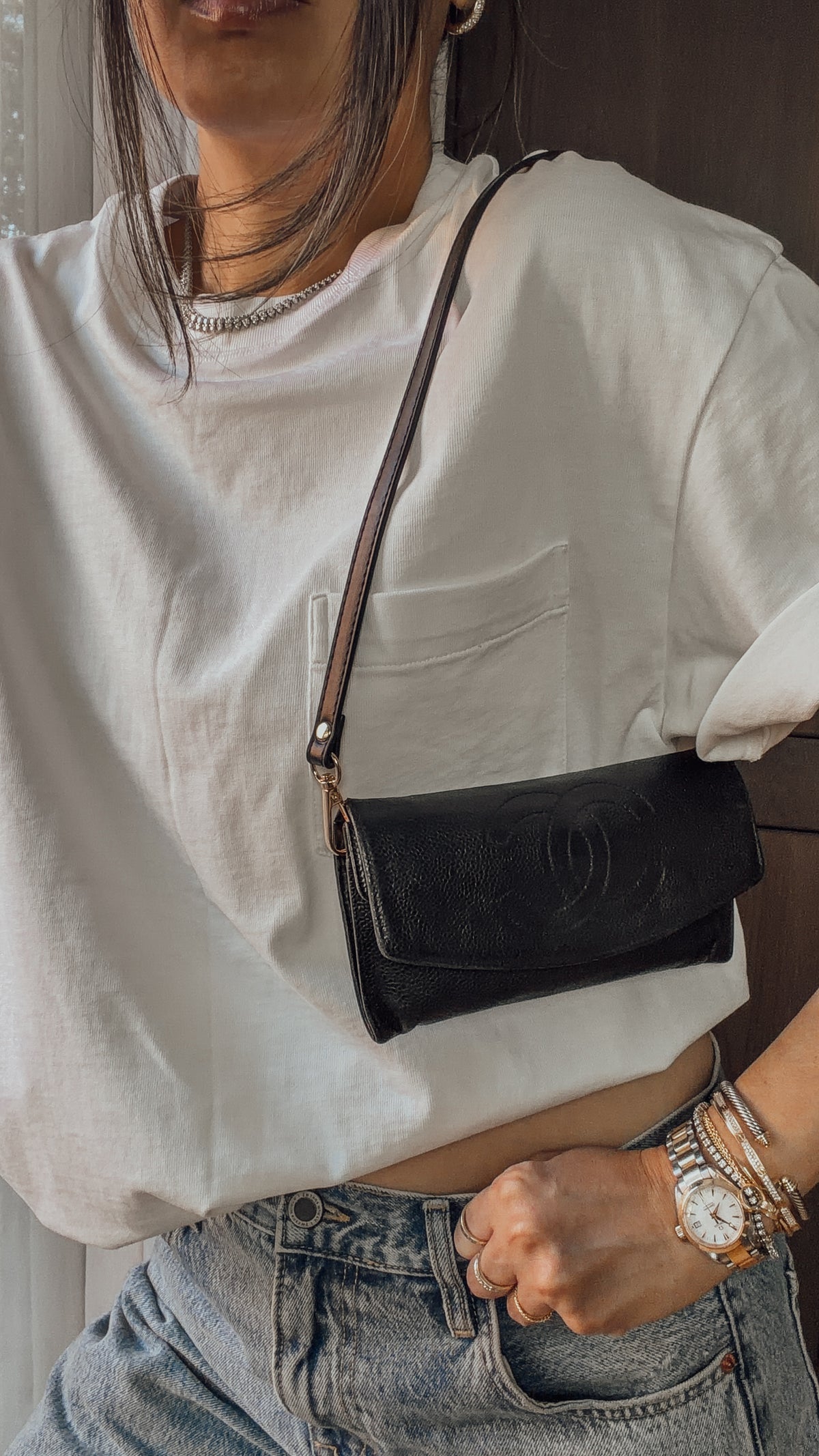 Authentic Vintage Chanel Upcycle Black Caviar Shoulder Wallet with Strap