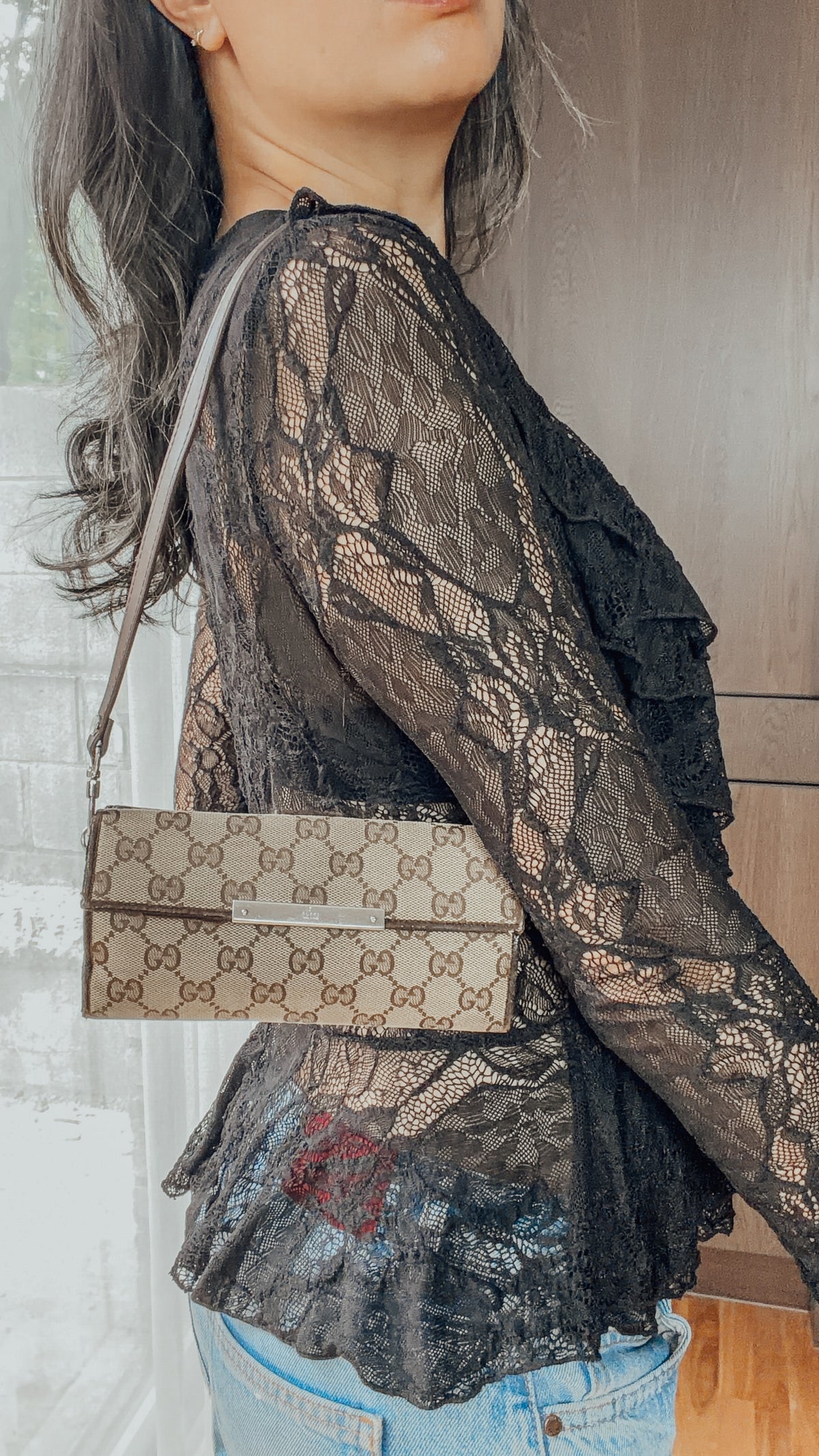 Authentic Gucci Upcycle Brown Wallet with Shoulder Strap