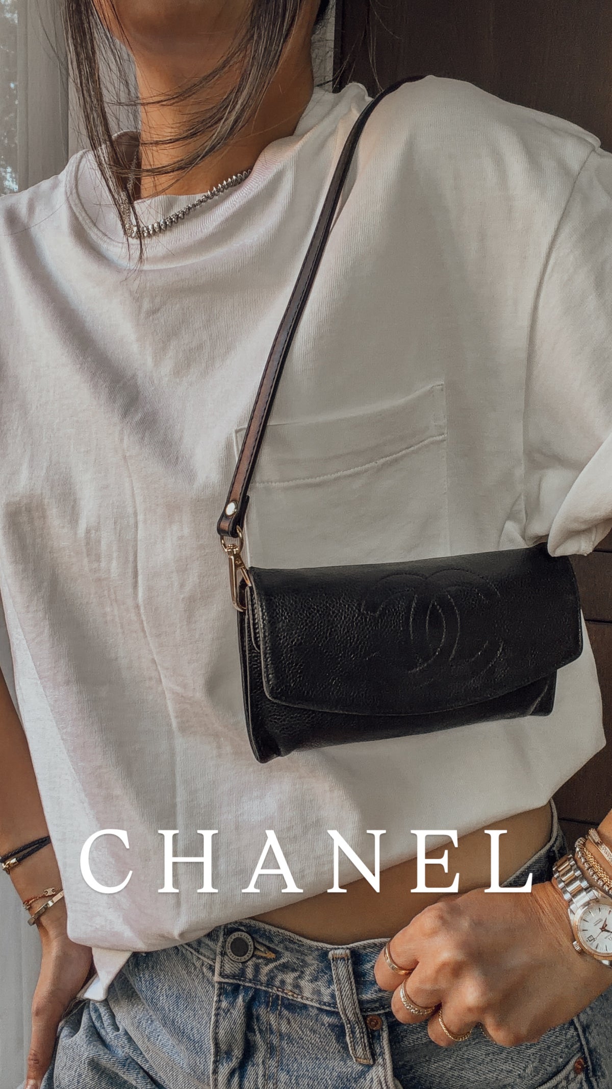 Authentic Vintage Chanel Upcycle Black Caviar Shoulder Wallet with Strap
