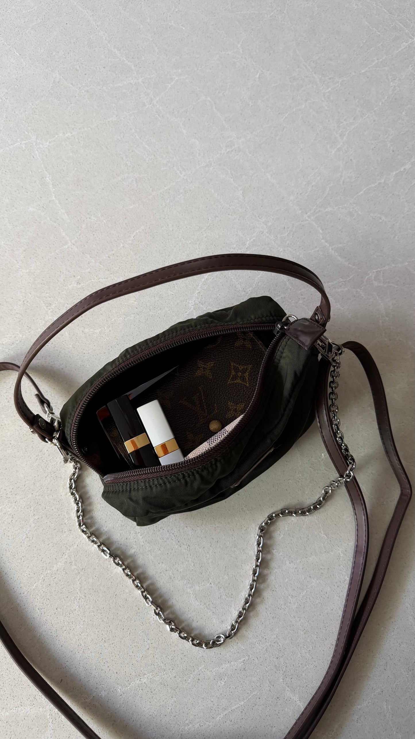 Authentic Prada Upcycle Versatile Dark Green (2) Pouch with Straps & Chain