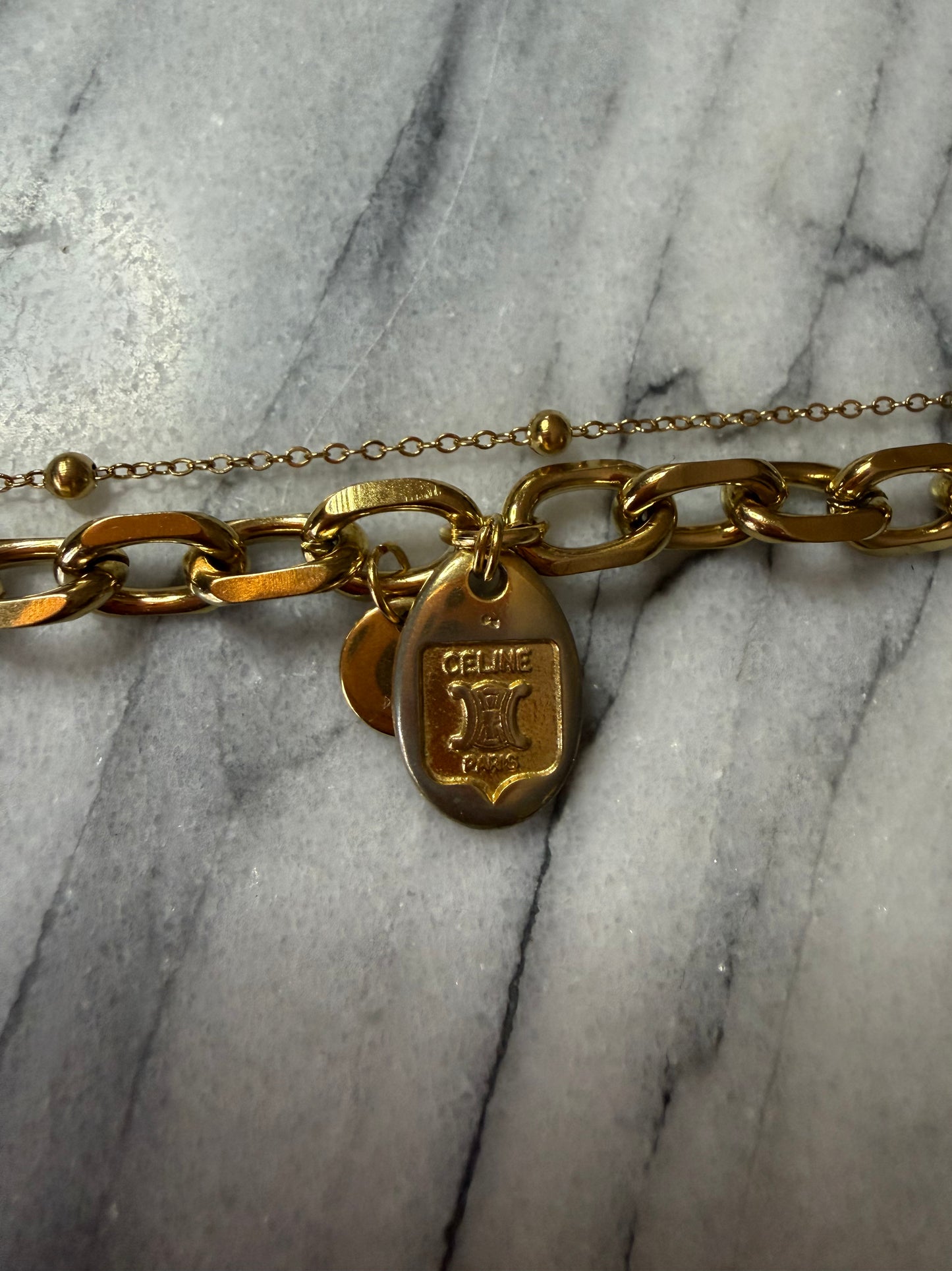 Authentic Vintage Celine (2) Upcycle Gold Beads Layers Necklace