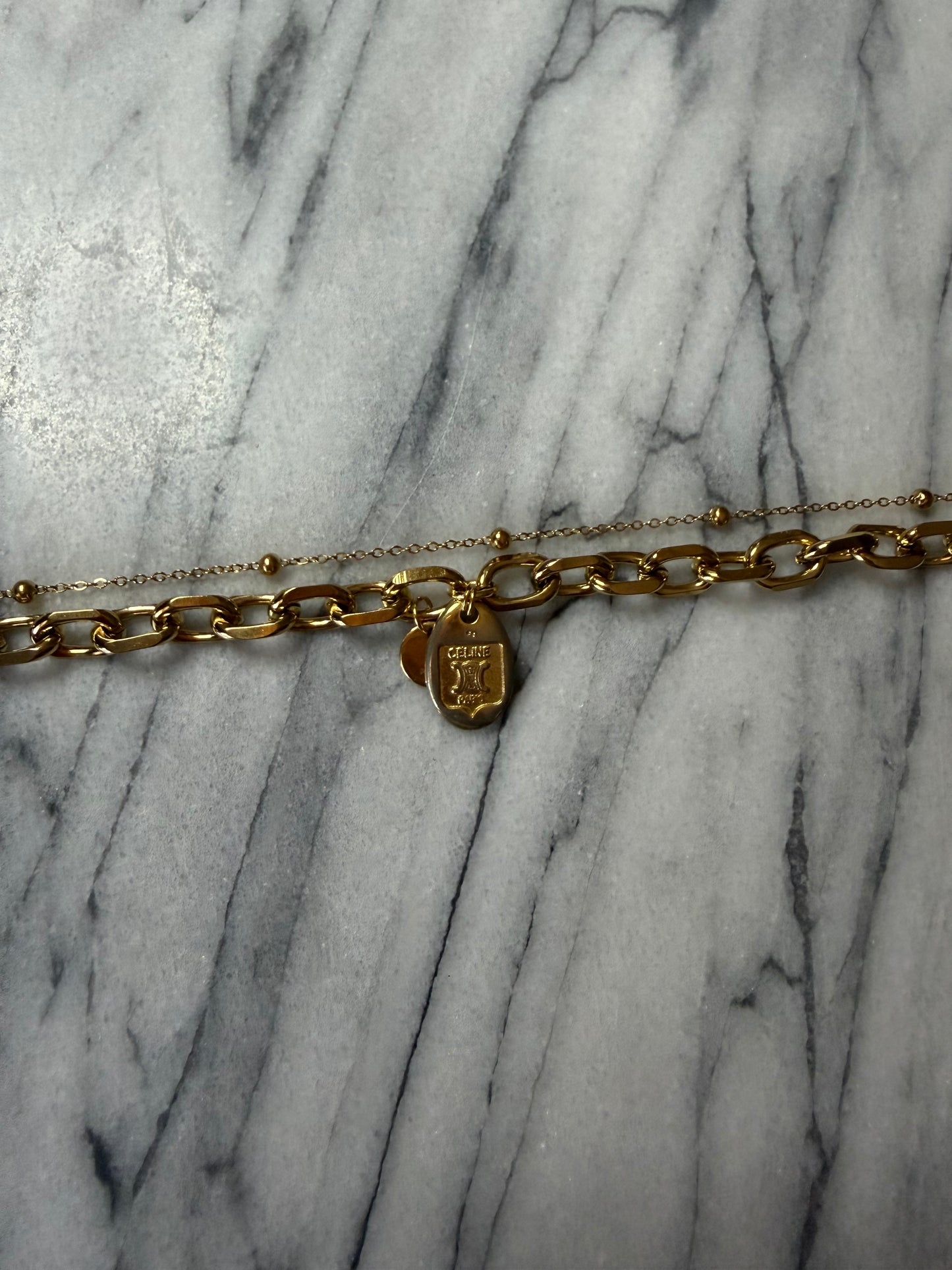 Authentic Vintage Celine (2) Upcycle Gold Beads Layers Necklace