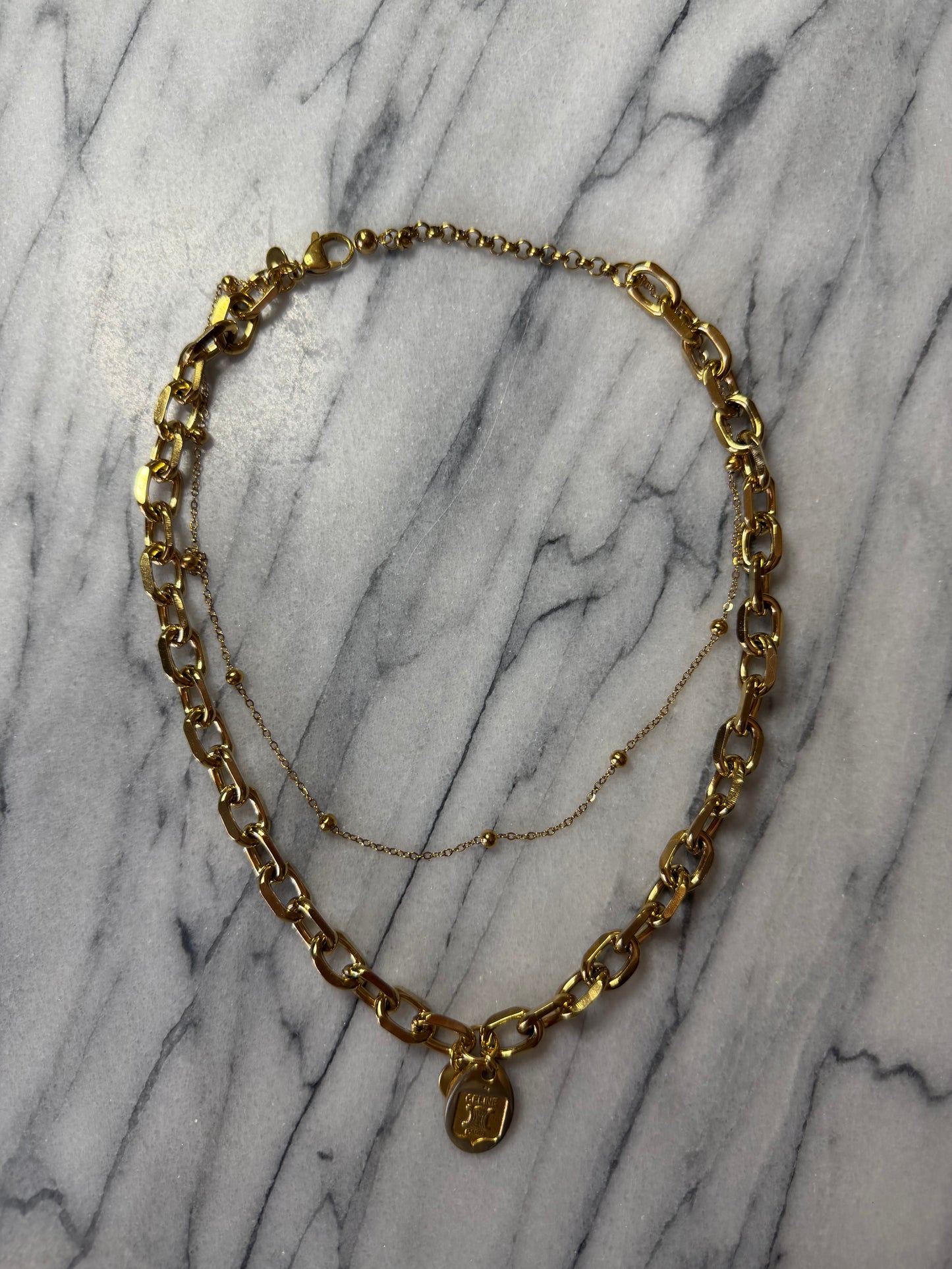 Authentic Vintage Celine (2) Upcycle Gold Beads Layers Necklace