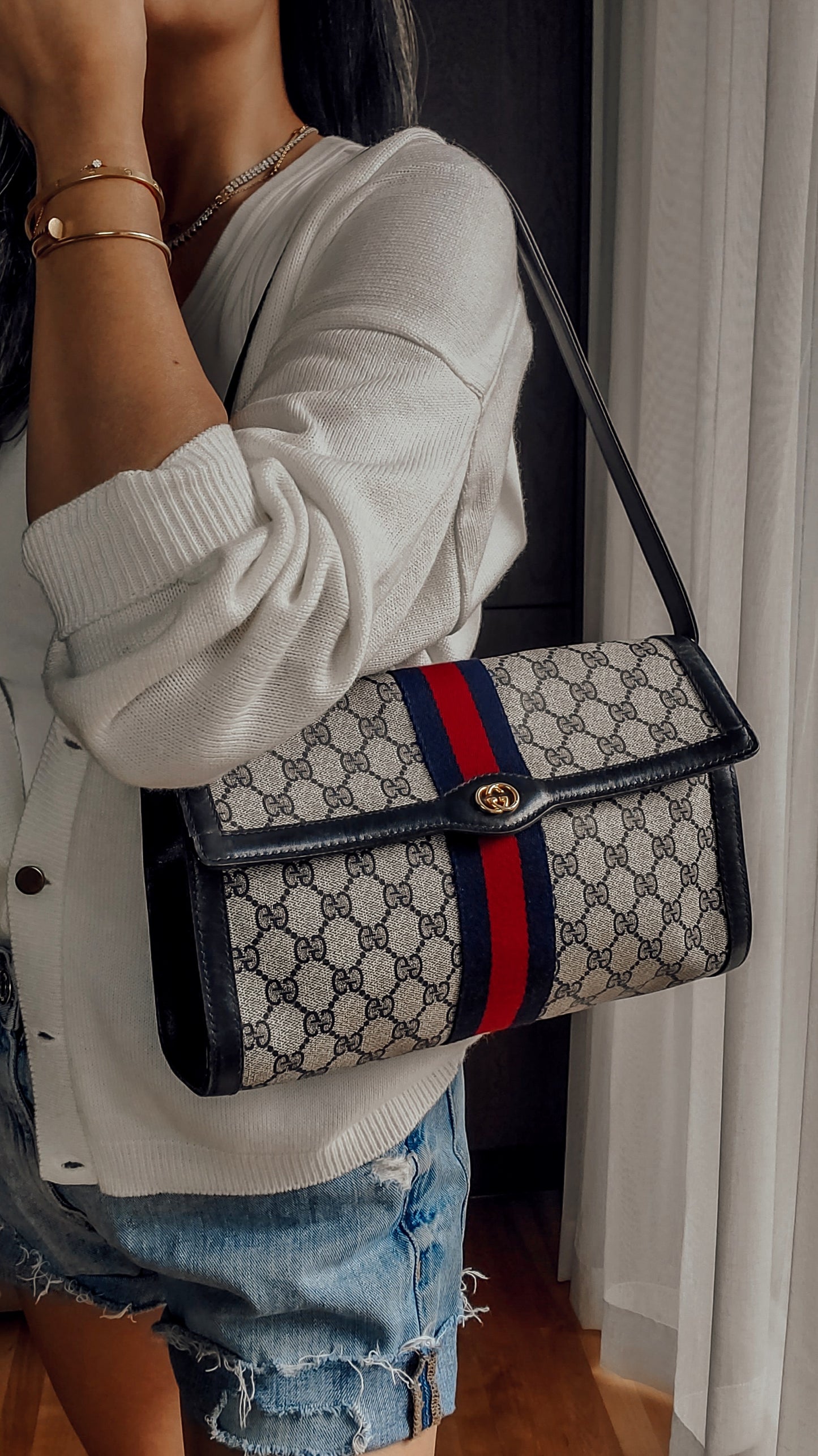 Authentic Vintage Gucci Upcycle (Dark Navy) Large Purse with Shoulder Strap