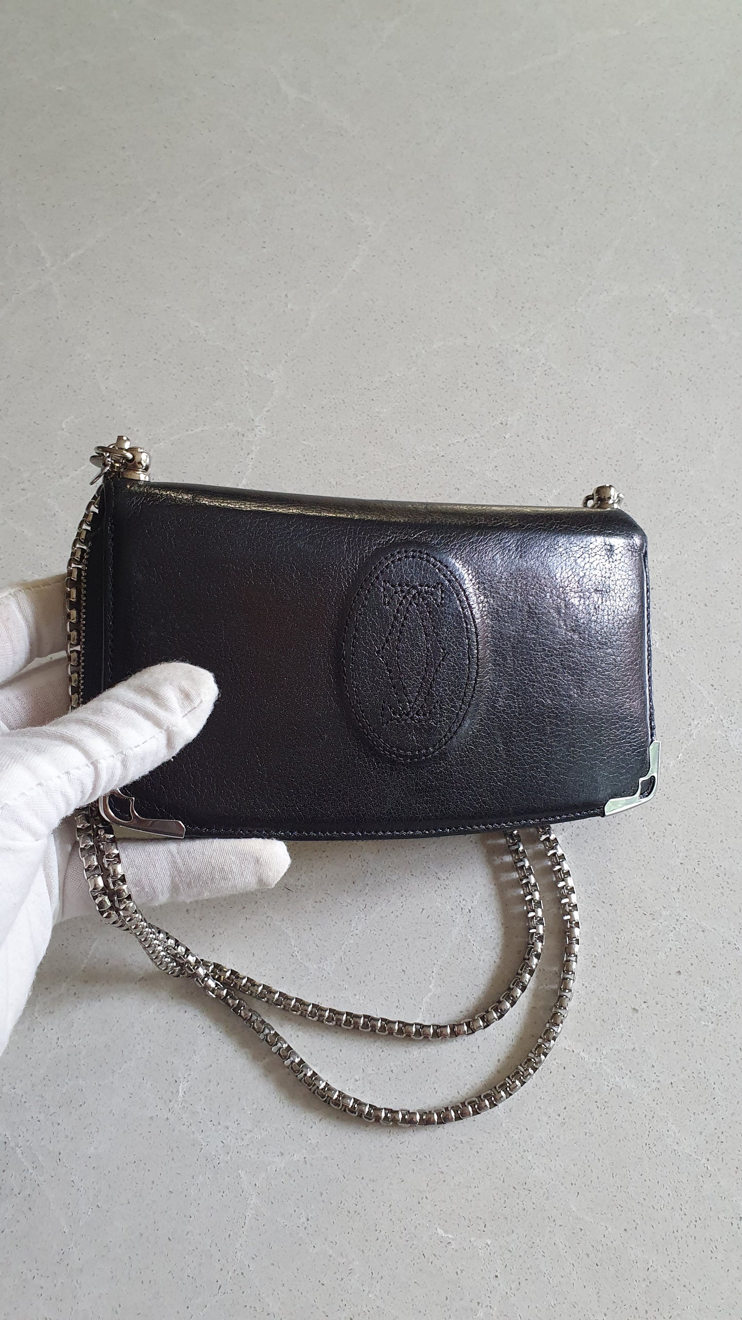 Authentic Vintage Cartier Upcycle Black Leather Wallet with Chain