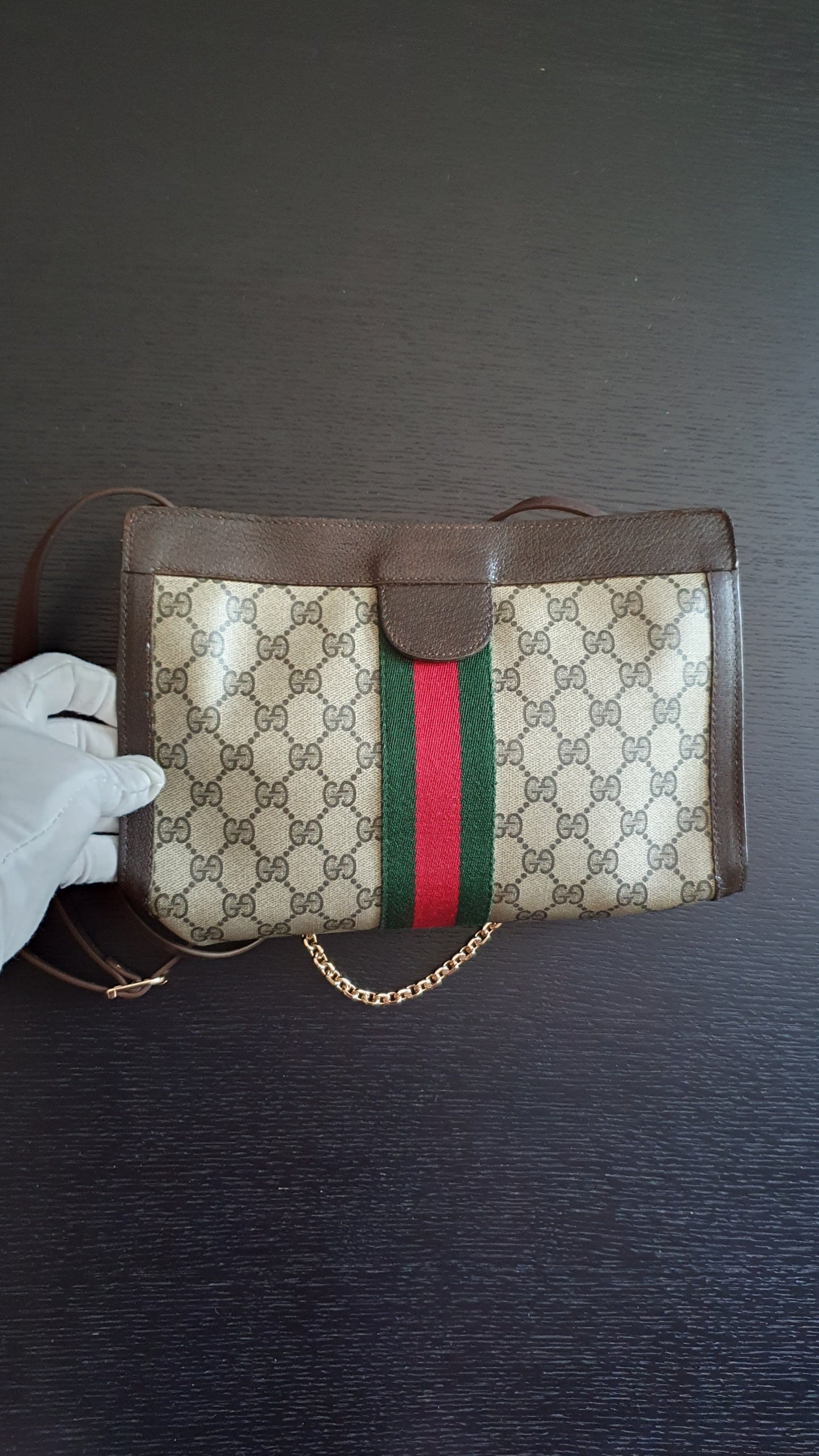 Authentic Vintage Gucci Upcycle Brown Purse (with velcro closing) with Adjustable Strap & Chain