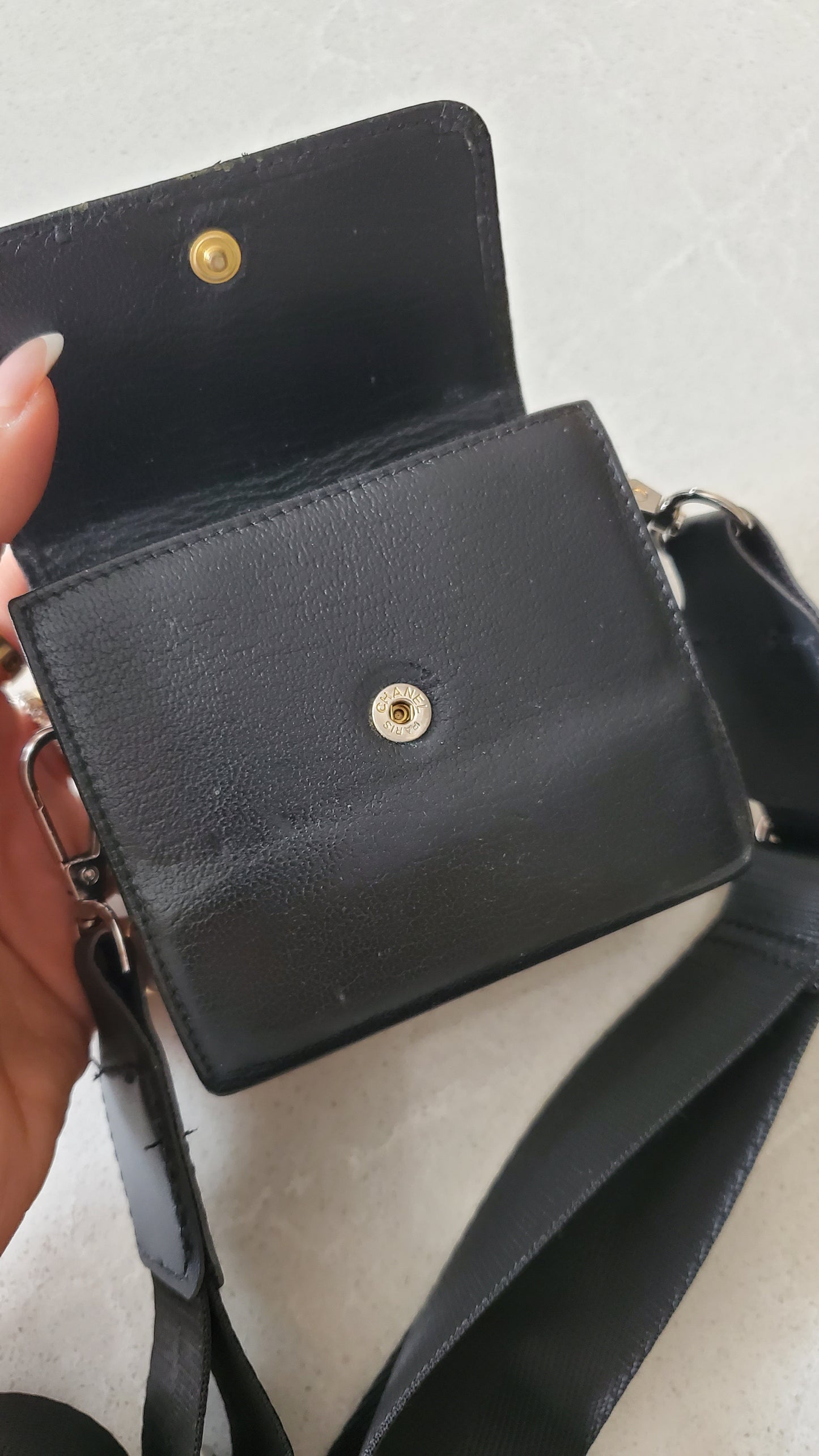 Authentic Chanel Upcycle Black Caviar Compact a Wallet with Strap